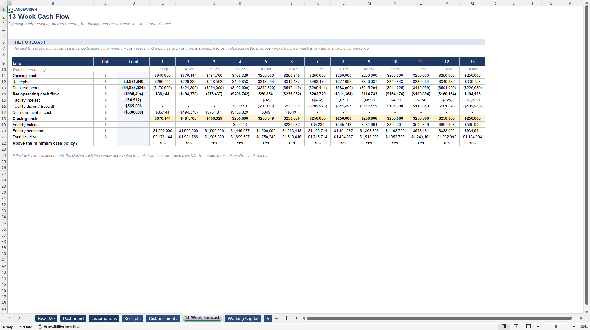 13-Week Cash Flow Forecast & Working Capital Bridge (Excel template (XLSX)) Preview Image