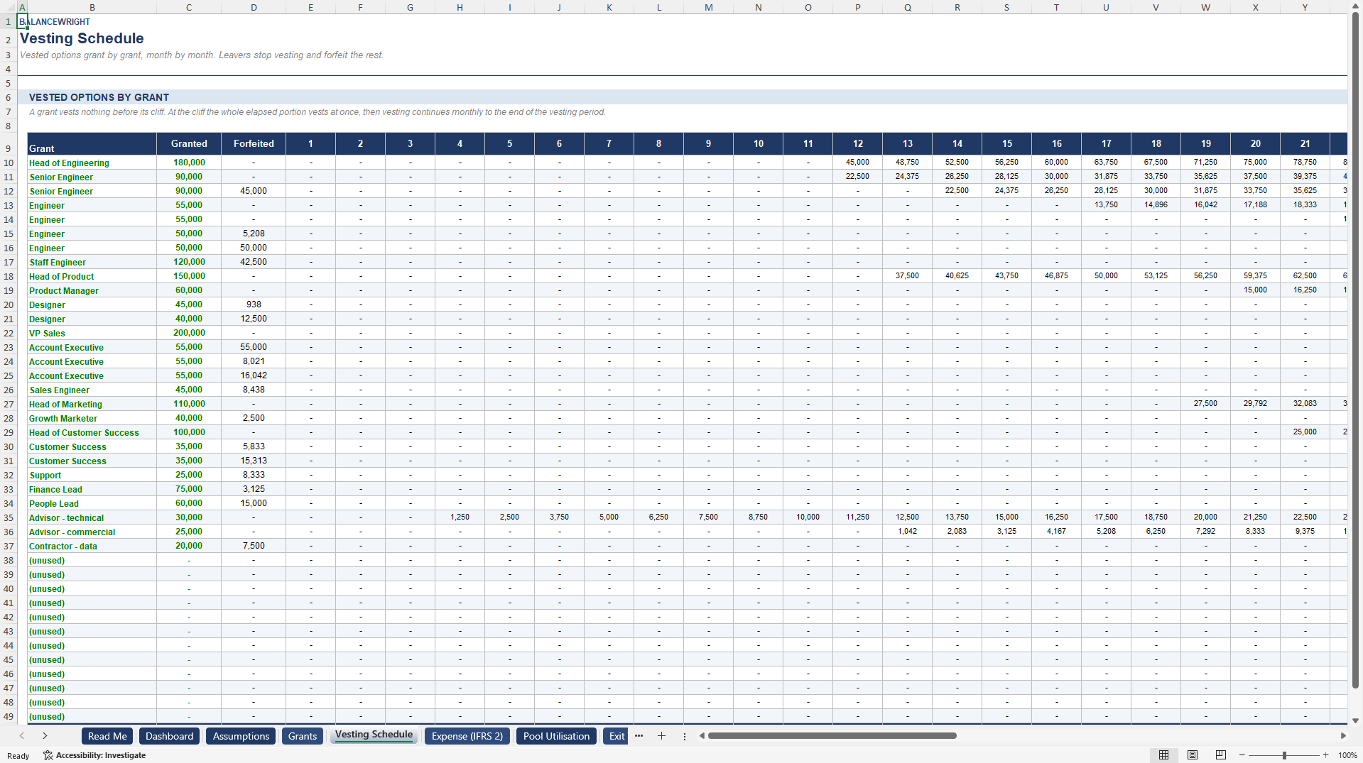 ESOP & Option Pool Modeler: Vesting, IFRS 2, Dilution (Excel template (XLSX)) Preview Image