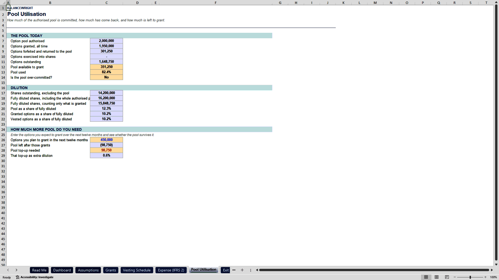 ESOP & Option Pool Modeler: Vesting, IFRS 2, Dilution (Excel template (XLSX)) Preview Image