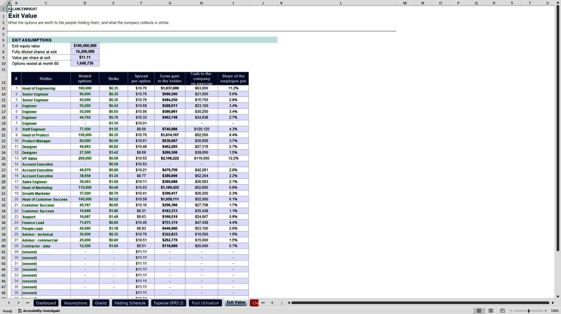 ESOP & Option Pool Modeler: Vesting, IFRS 2, Dilution (Excel template (XLSX)) Preview Image