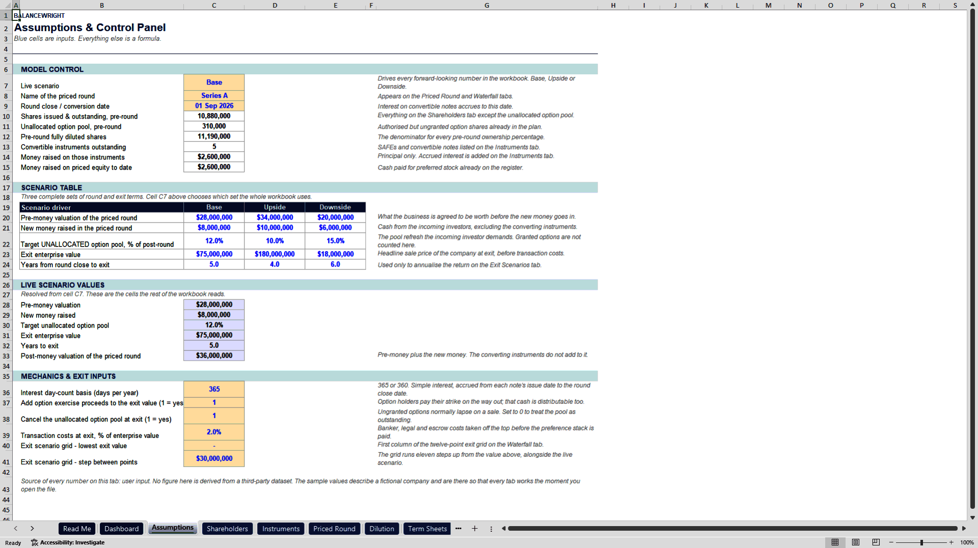 Cap Table, SAFE & Note Dilution Waterfall (Venture Capital) (Excel template (XLSX)) Preview Image