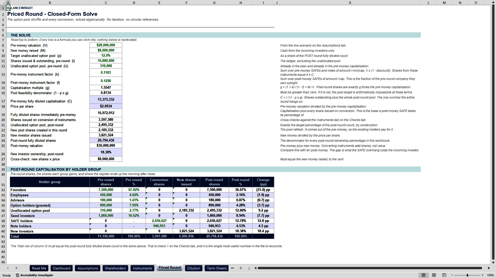 Cap Table, SAFE & Note Dilution Waterfall (Venture Capital) (Excel template (XLSX)) Preview Image