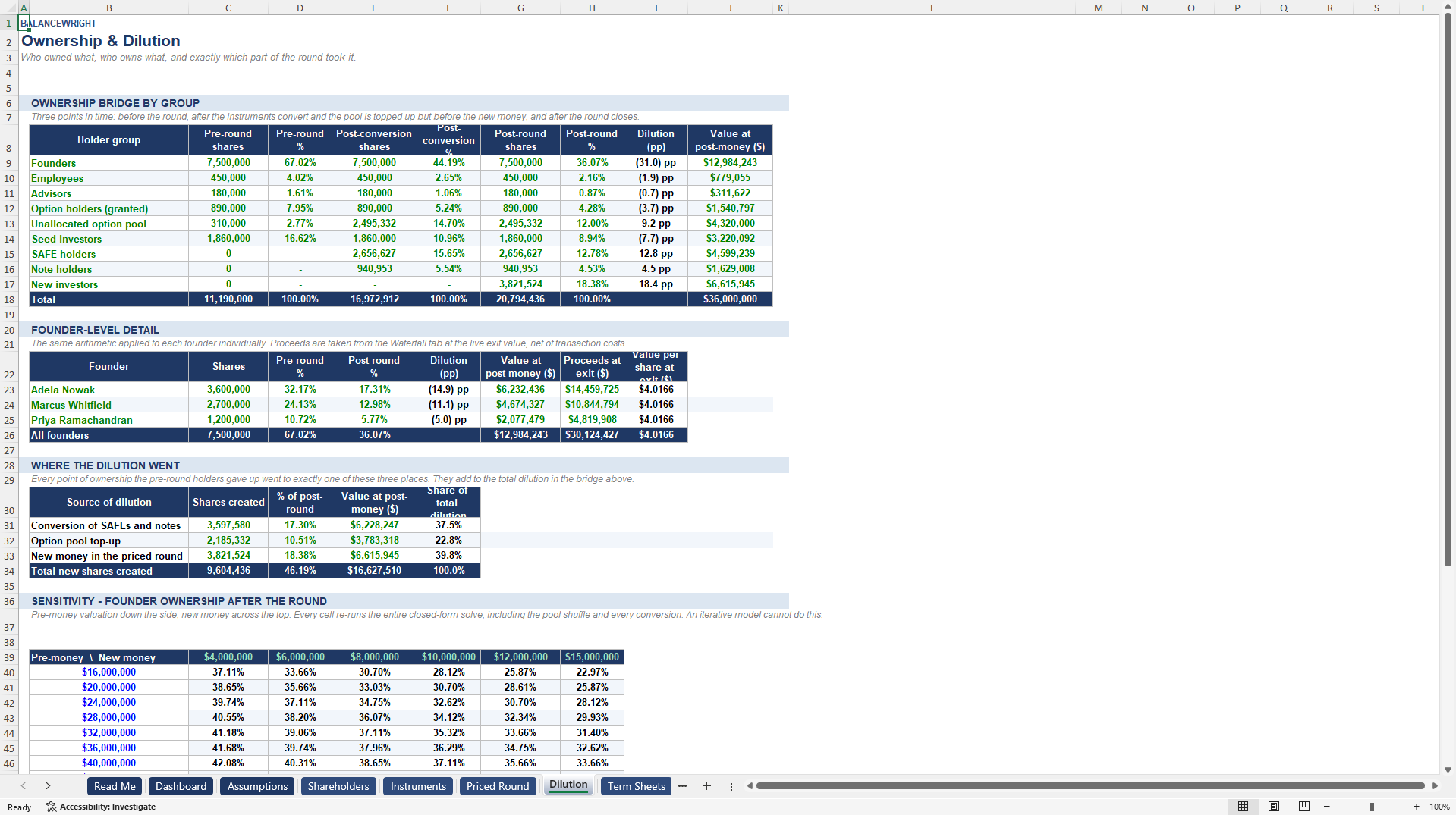 Cap Table, SAFE & Note Dilution Waterfall (Venture Capital) (Excel template (XLSX)) Preview Image