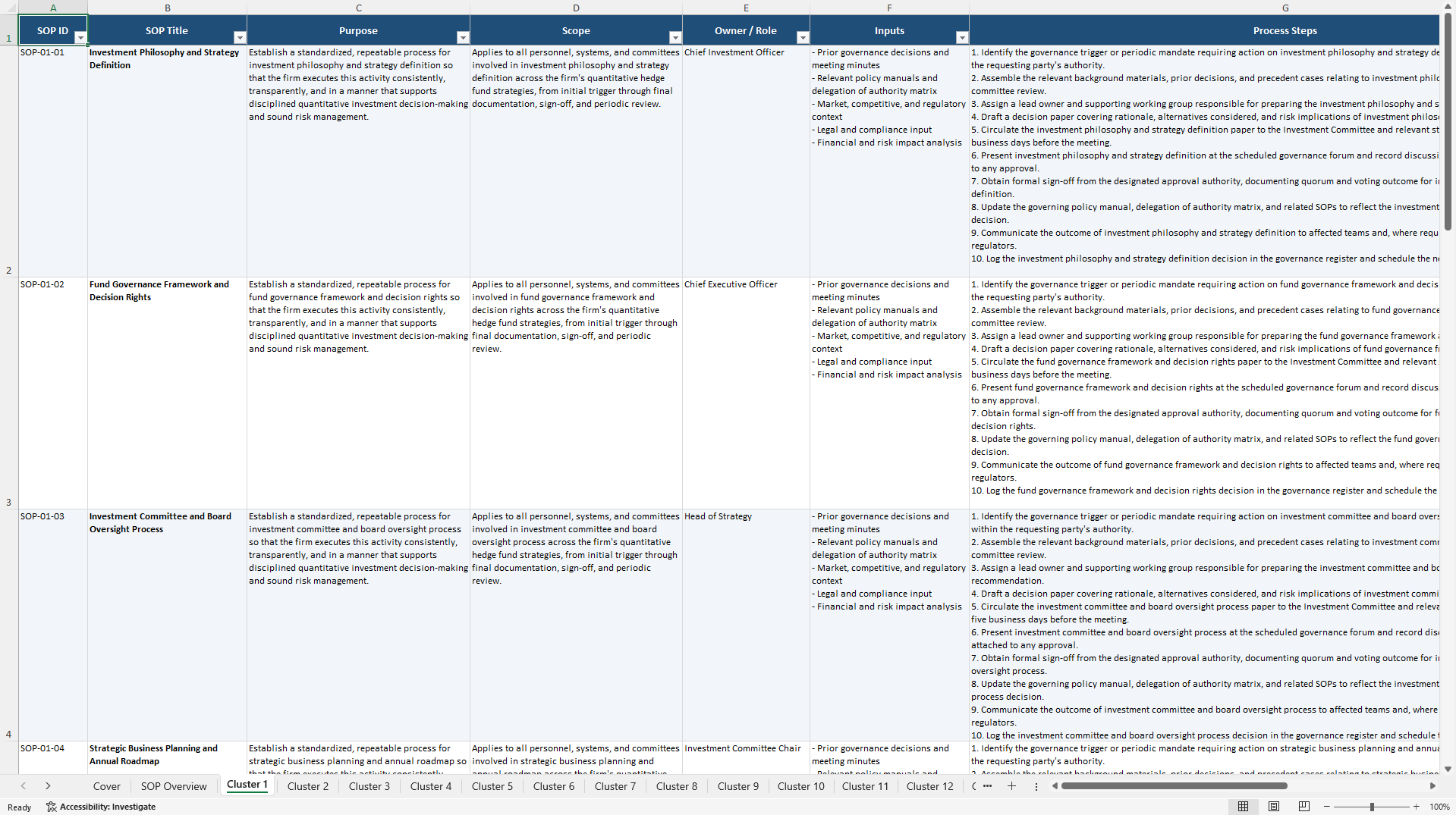 100+ Quantitative Hedge Fund Business SOPs (Excel template (XLSX)) Preview Image