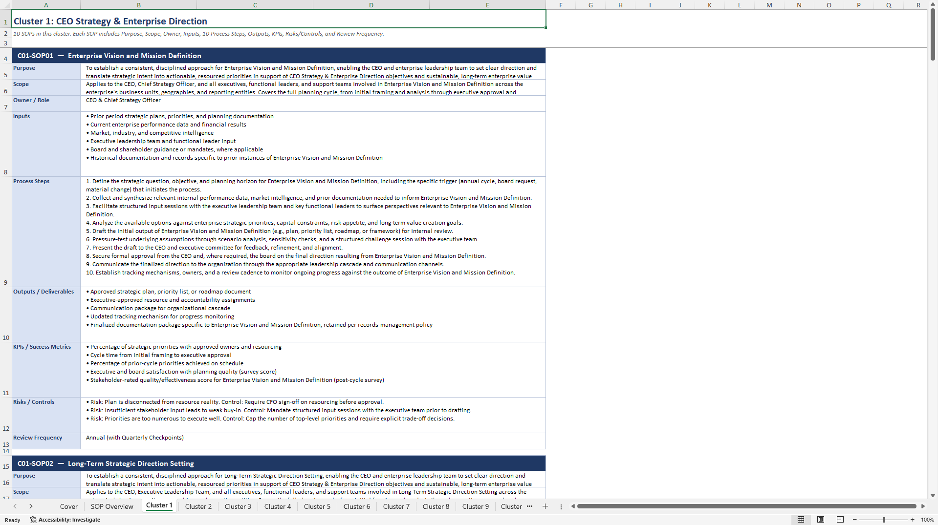 100+ CEO Strategic Excellence SOPs (Excel template (XLSX)) Preview Image