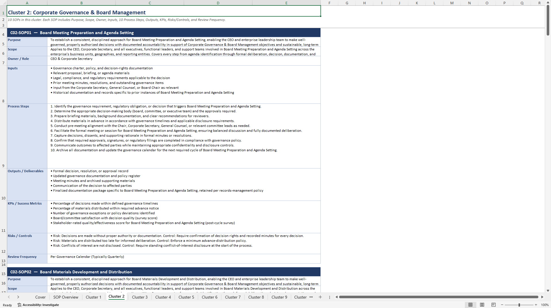 100+ CEO Strategic Excellence SOPs (Excel template (XLSX)) Preview Image