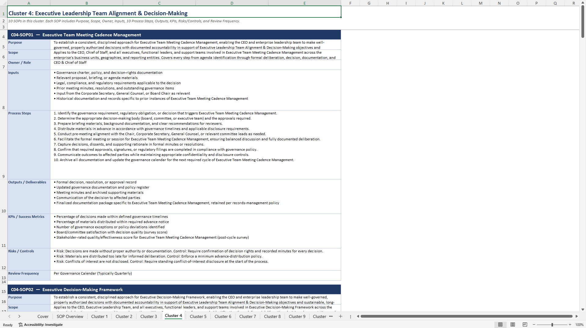 100+ CEO Strategic Excellence SOPs (Excel template (XLSX)) Preview Image