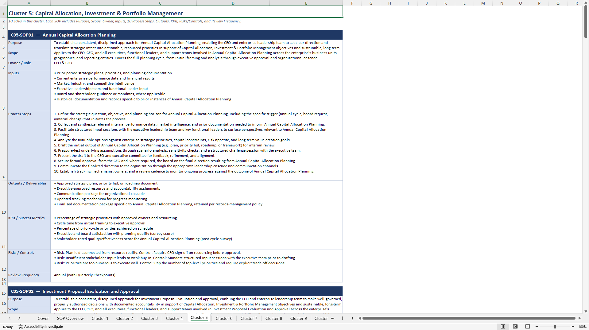 100+ CEO Strategic Excellence SOPs (Excel template (XLSX)) Preview Image