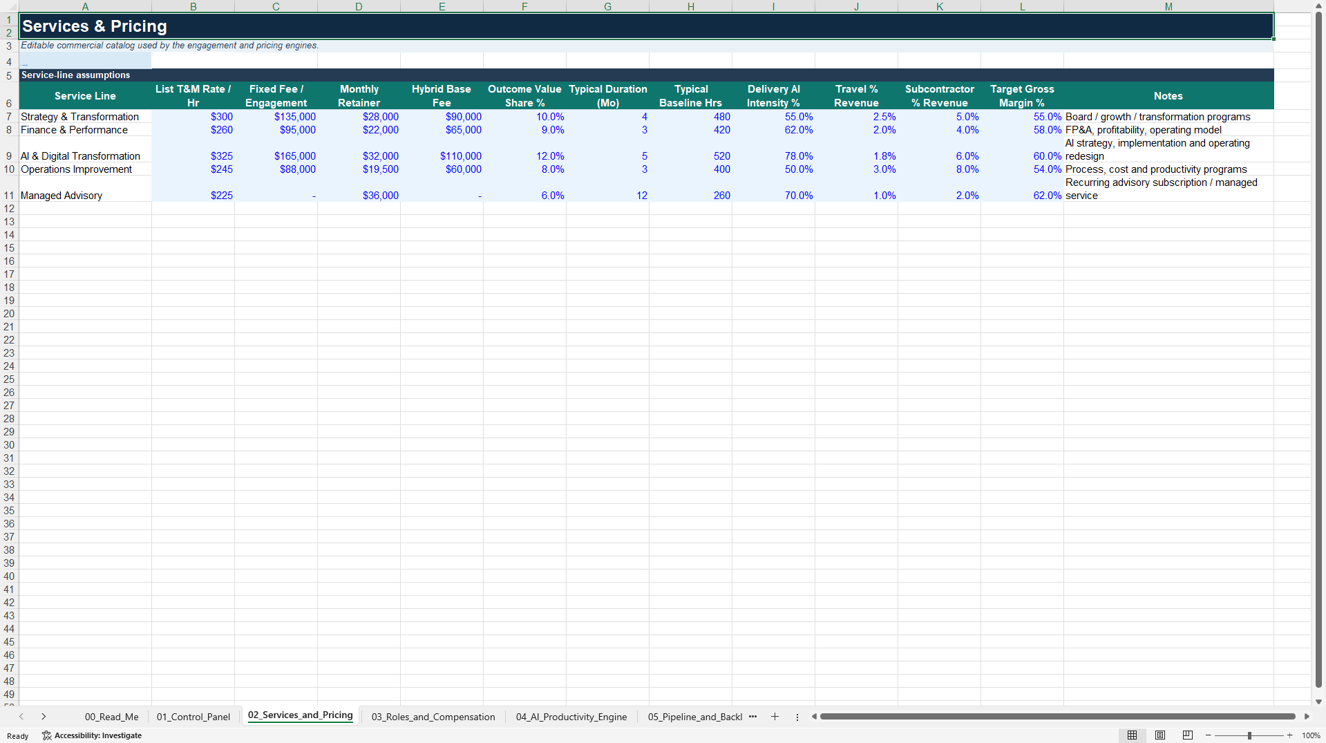 AI Consulting Pricing, Capacity & Profitability Model (Excel template (XLSX)) Preview Image