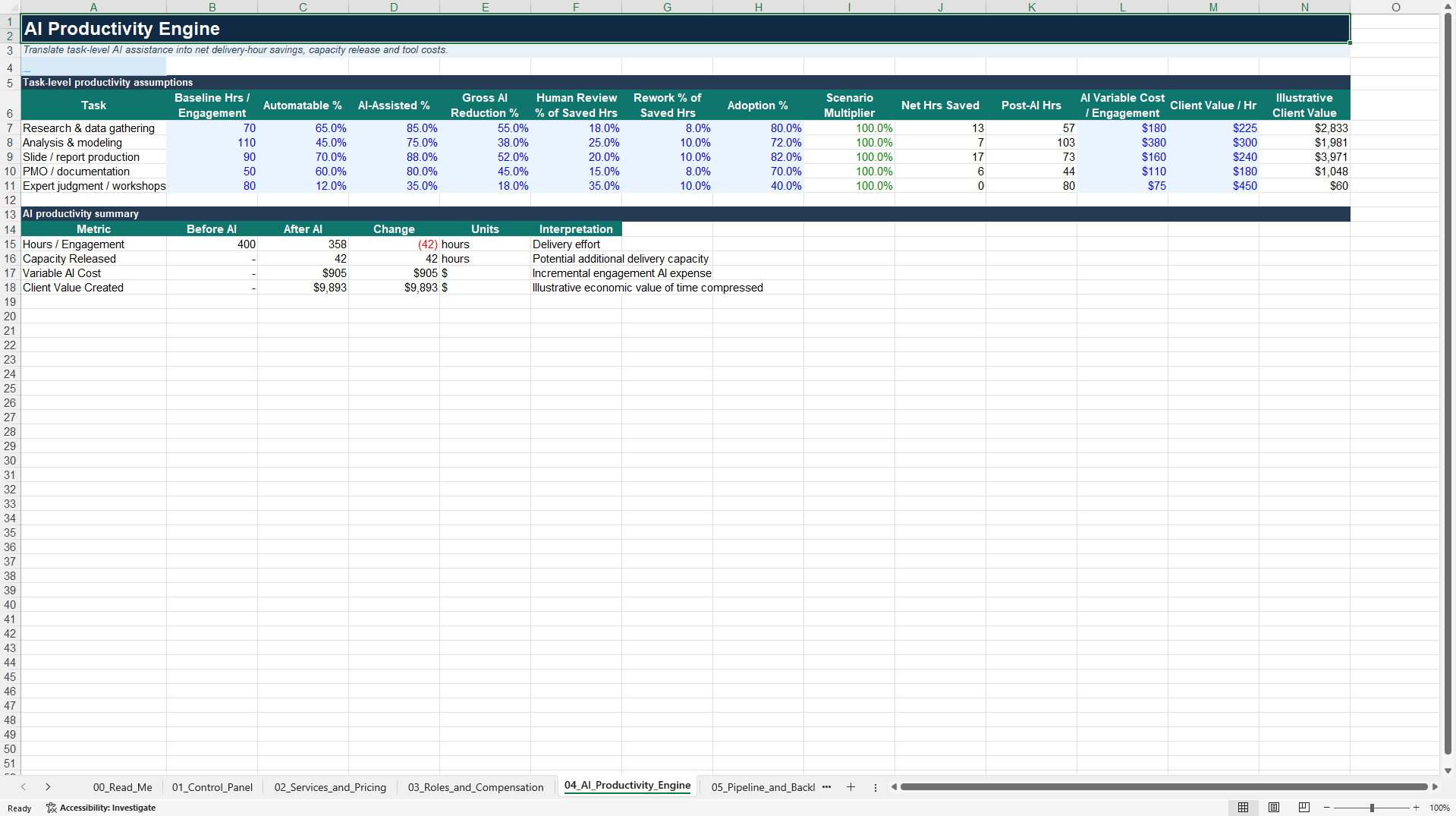 AI Consulting Pricing, Capacity & Profitability Model (Excel template (XLSX)) Preview Image