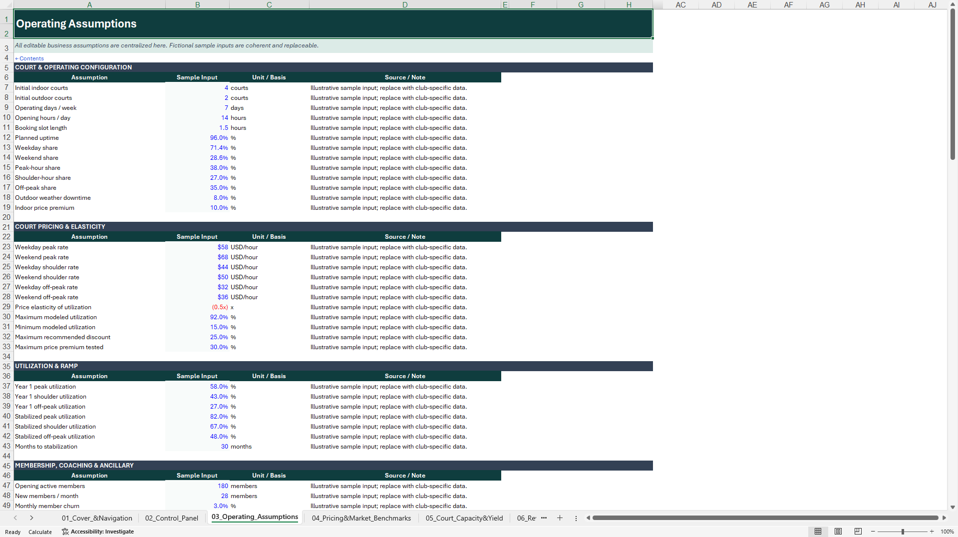 Padel Club Financial Model: DSCR, Pricing & Expansion (Excel template (XLSX)) Preview Image