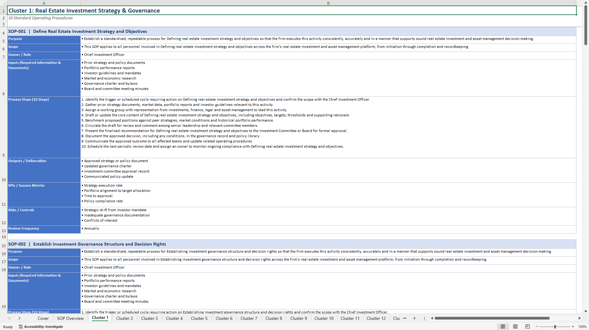 100+ Real Estate Investment & Asset Management Business SOPs (Excel template (XLSX)) Preview Image