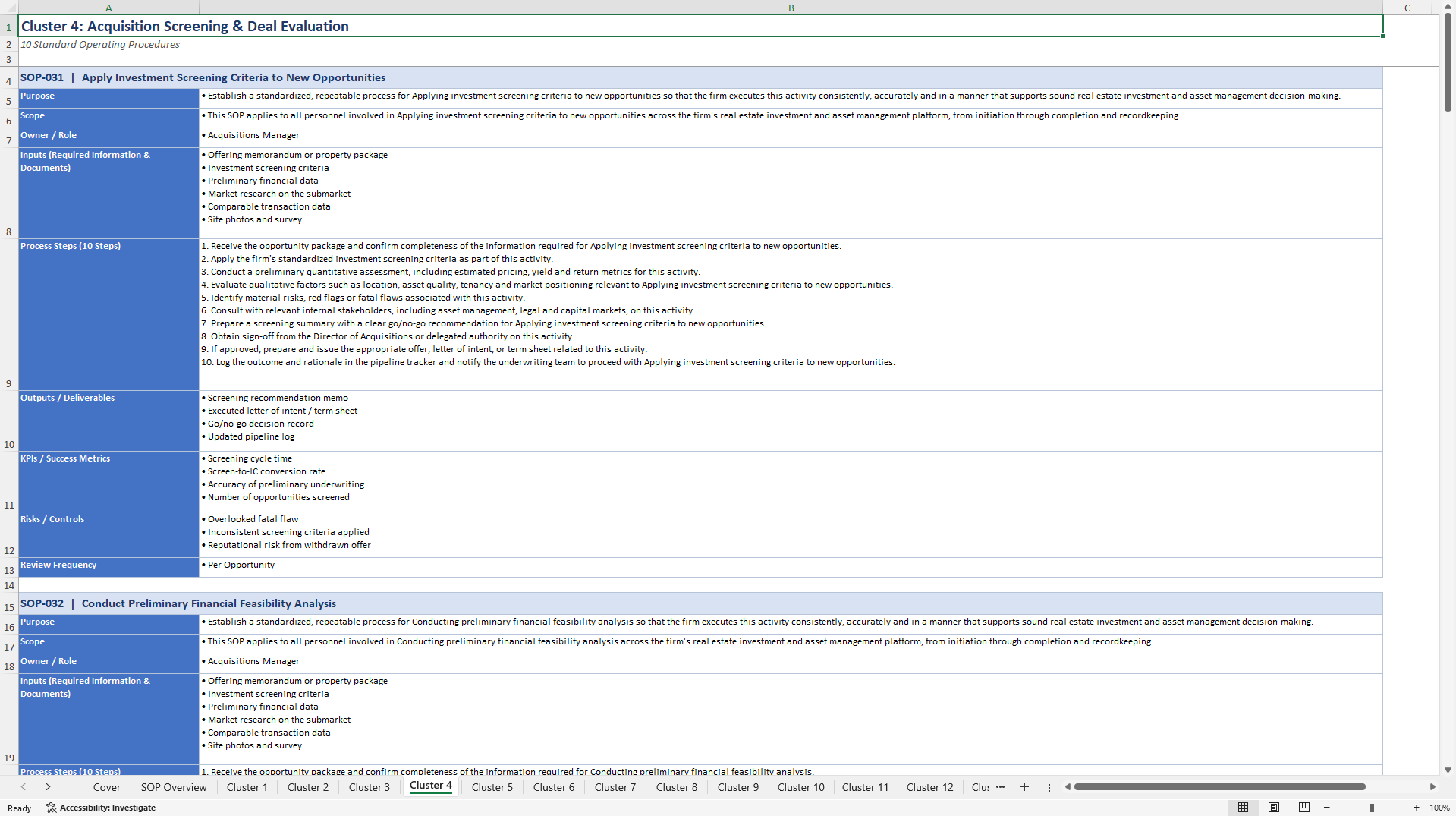 100+ Real Estate Investment & Asset Management Business SOPs (Excel template (XLSX)) Preview Image