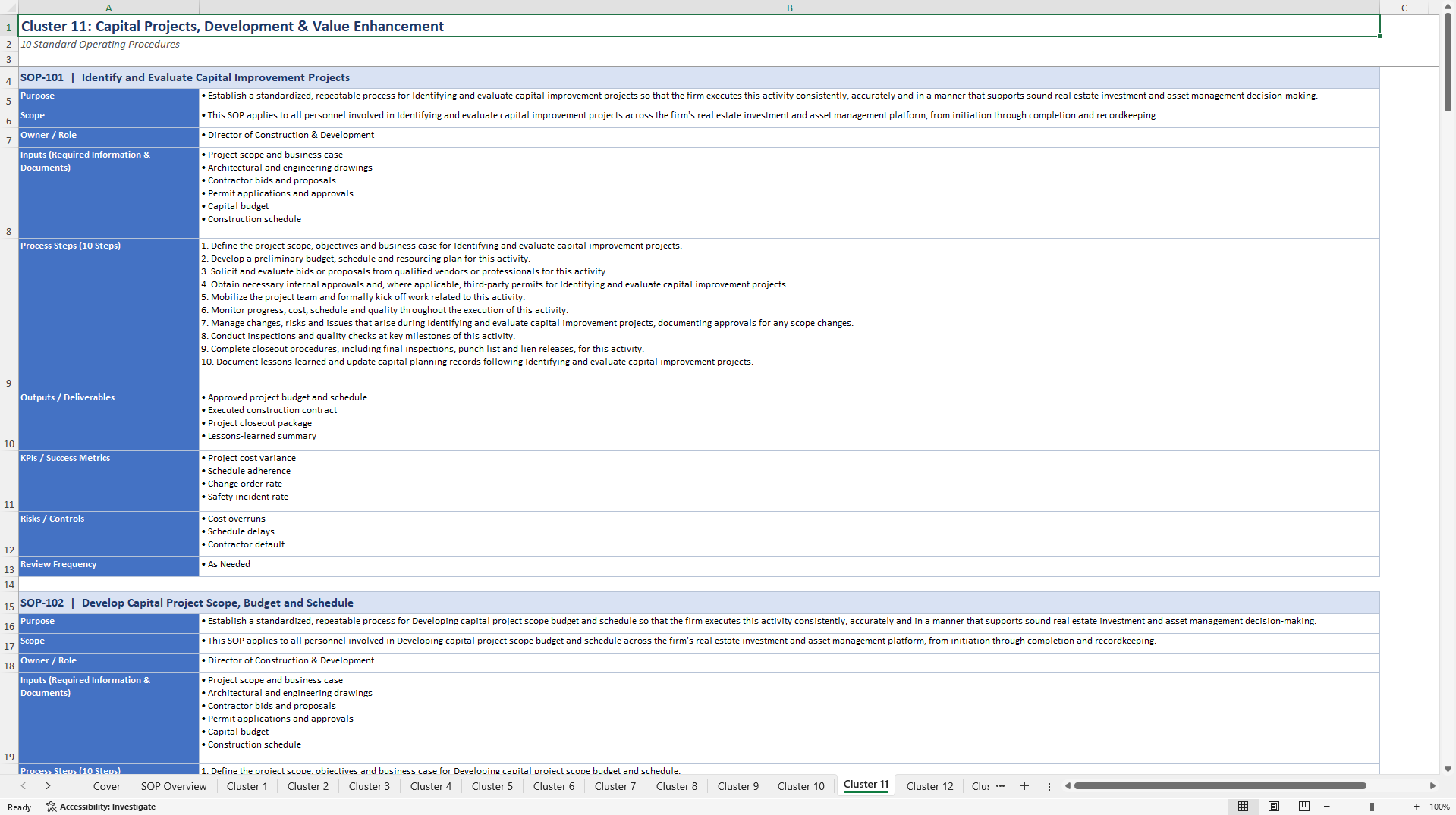 100+ Real Estate Investment & Asset Management Business SOPs (Excel template (XLSX)) Preview Image