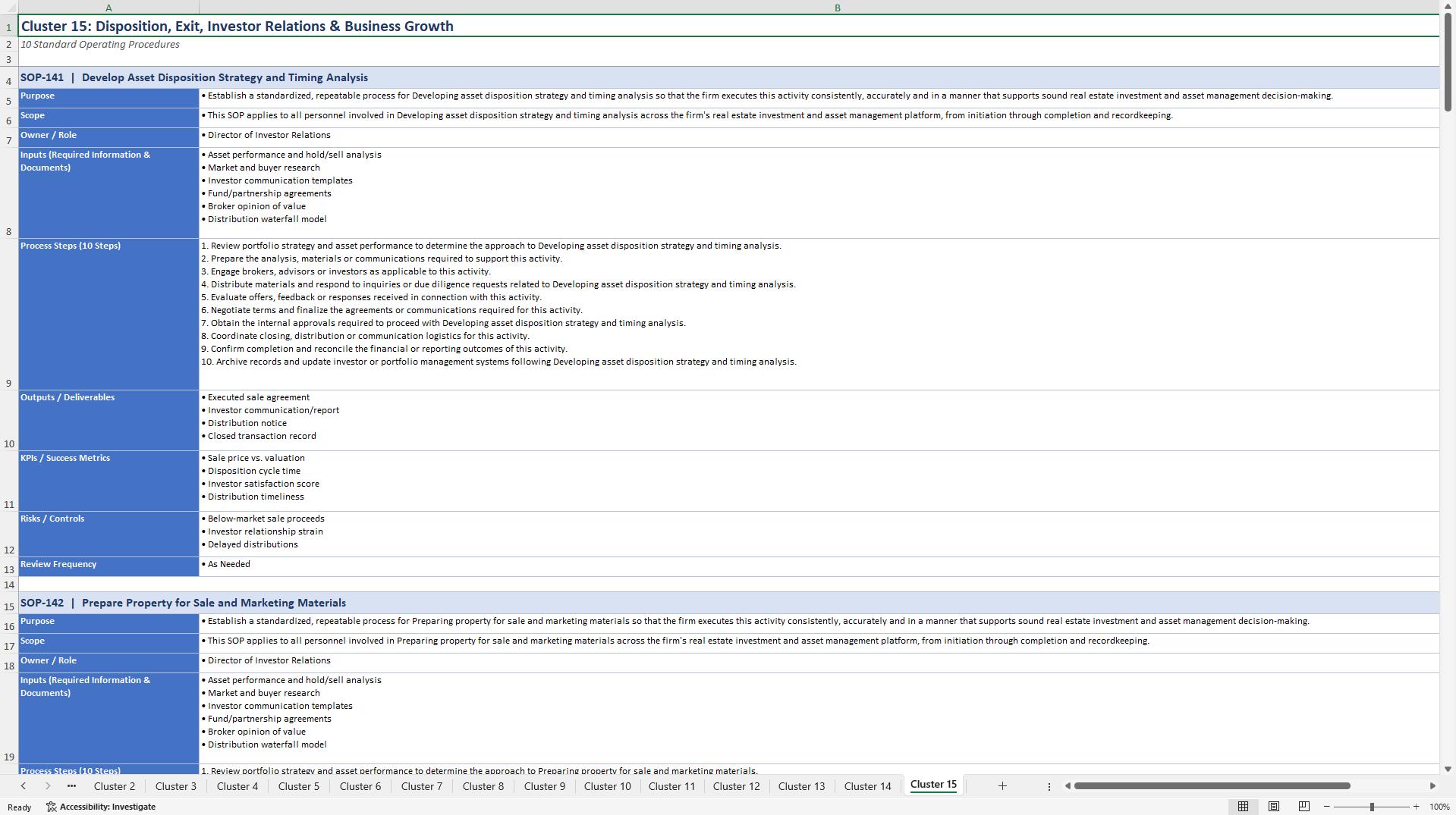 100+ Real Estate Investment & Asset Management Business SOPs (Excel template (XLSX)) Preview Image