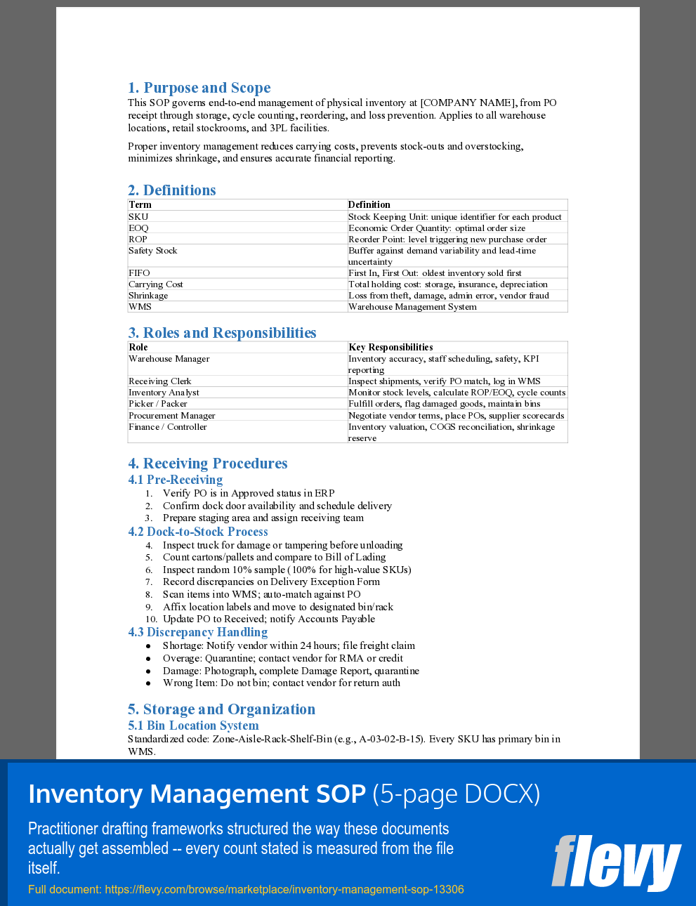 Inventory Management SOP (5-page Word document) Preview Image