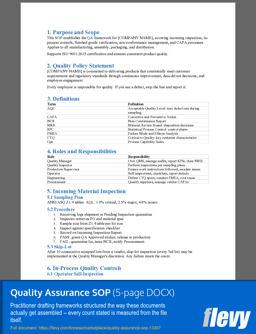 Quality Assurance SOP (5-page Word document) Preview Image
