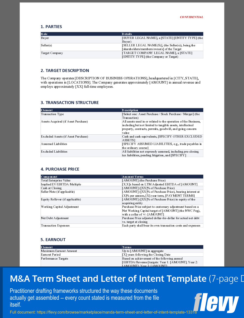 M&A Term Sheet and Letter of Intent Template (7-page Word document) Preview Image