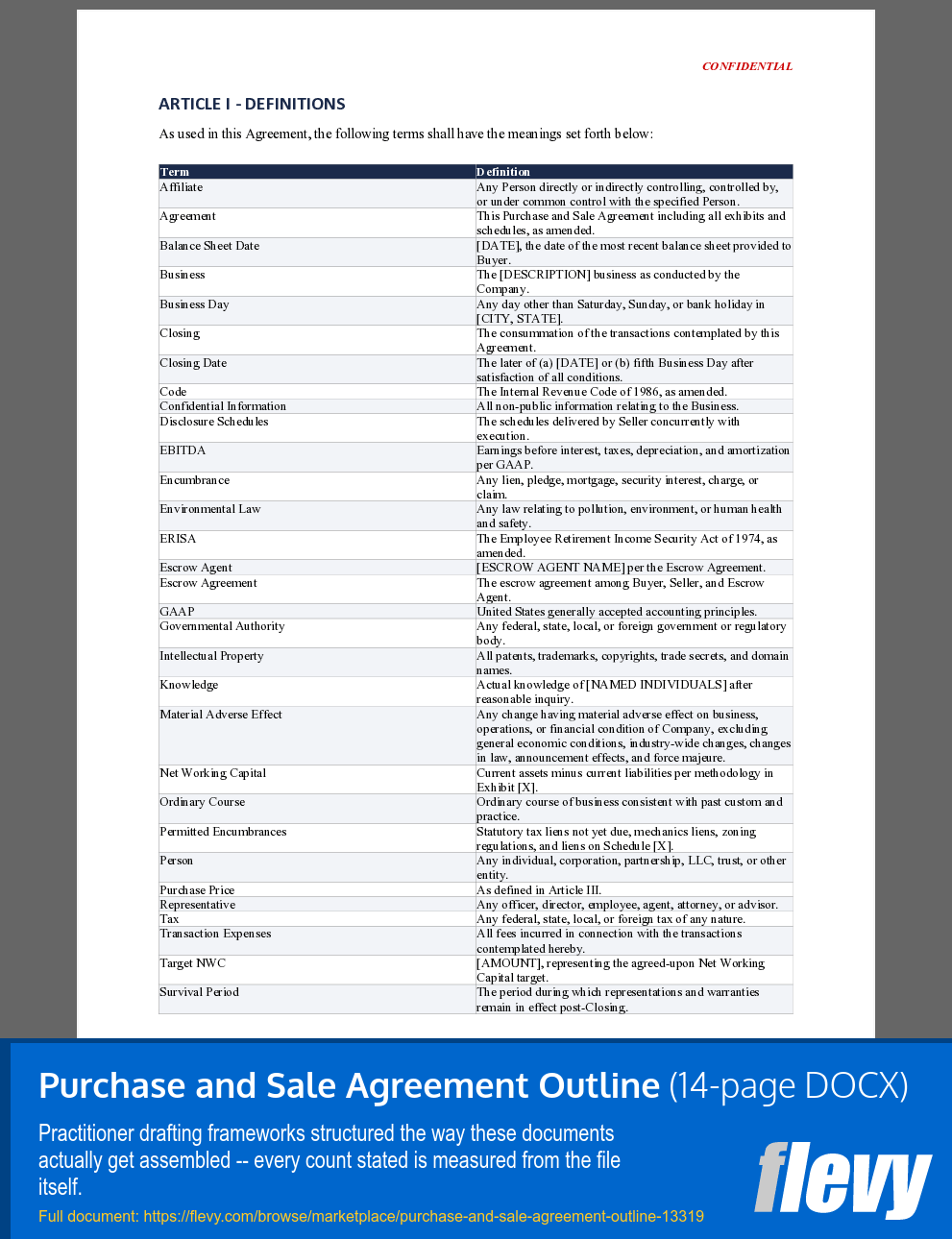 Purchase and Sale Agreement Outline (14-page Word document) Preview Image