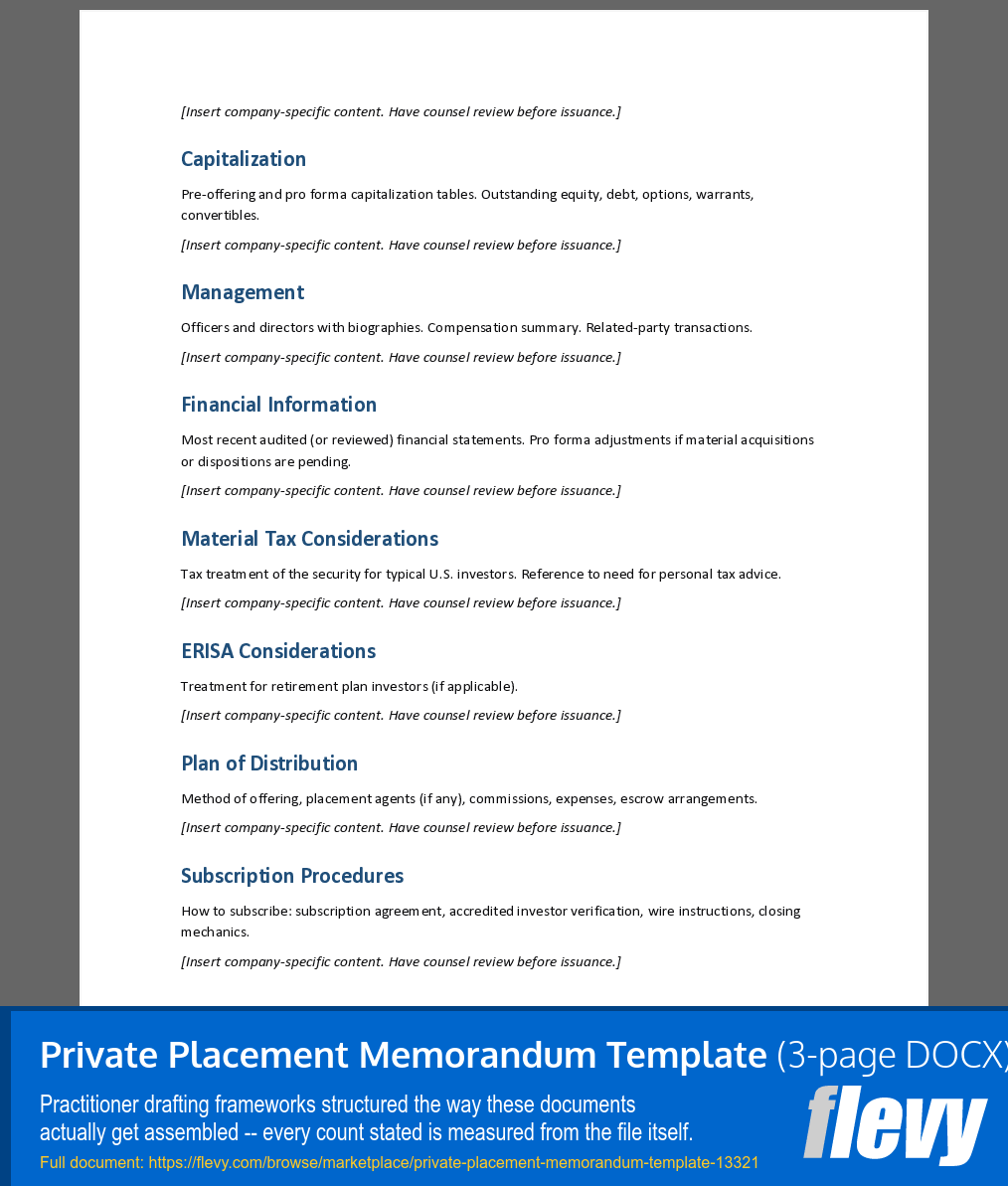 Private Placement Memorandum Template (3-page Word document) Preview Image