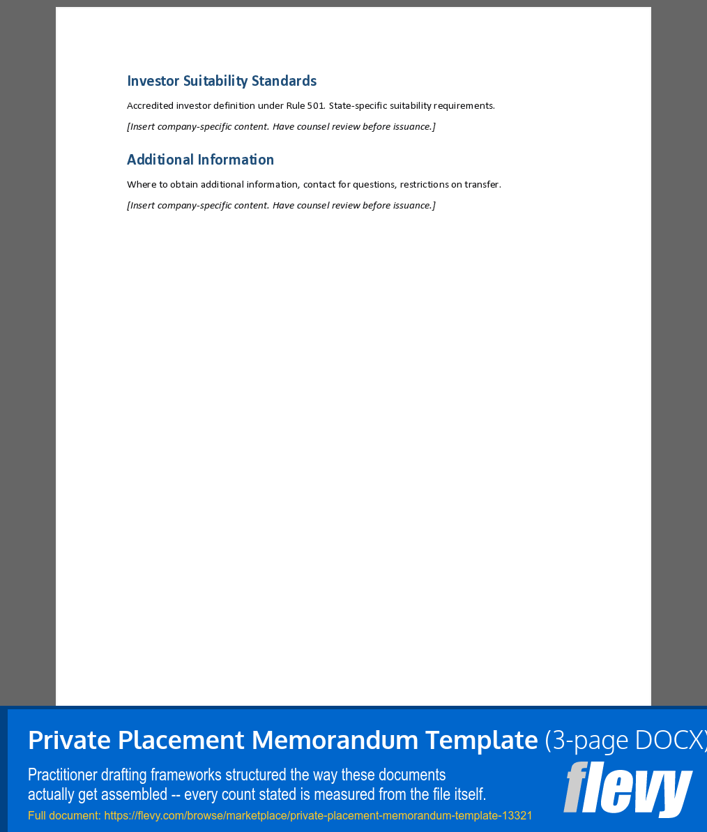 Private Placement Memorandum Template (3-page Word document) Preview Image