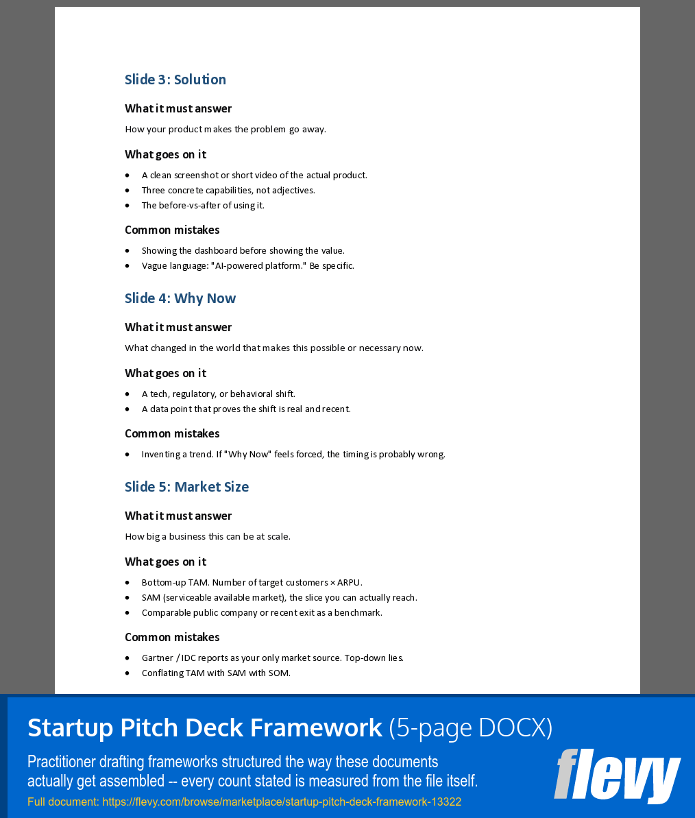 Startup Pitch Deck Framework (5-page Word document) Preview Image
