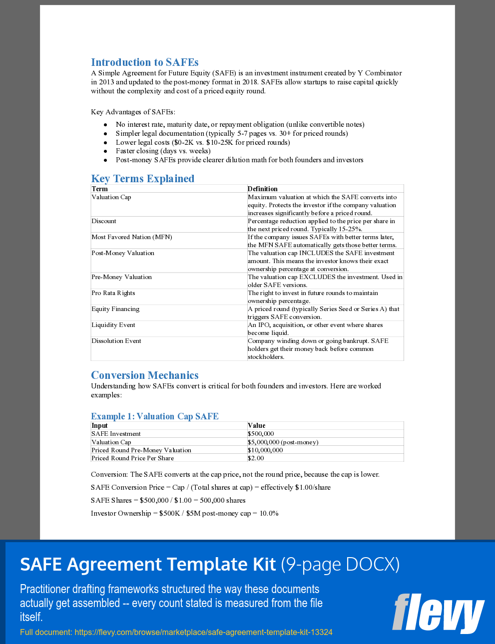 SAFE Agreement Template Kit (9-page Word document) Preview Image