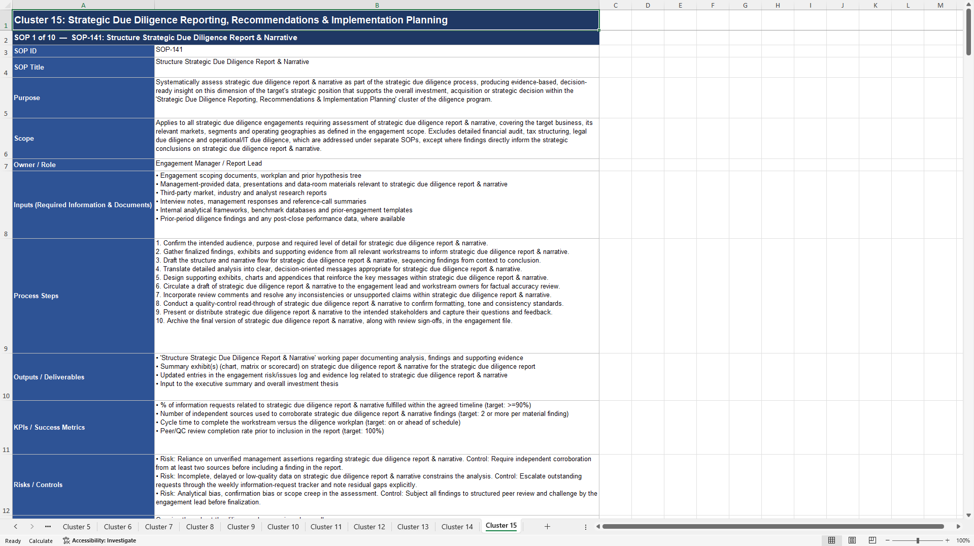 100+ Strategic Due Diligence SOPs (Excel template (XLSX)) Preview Image