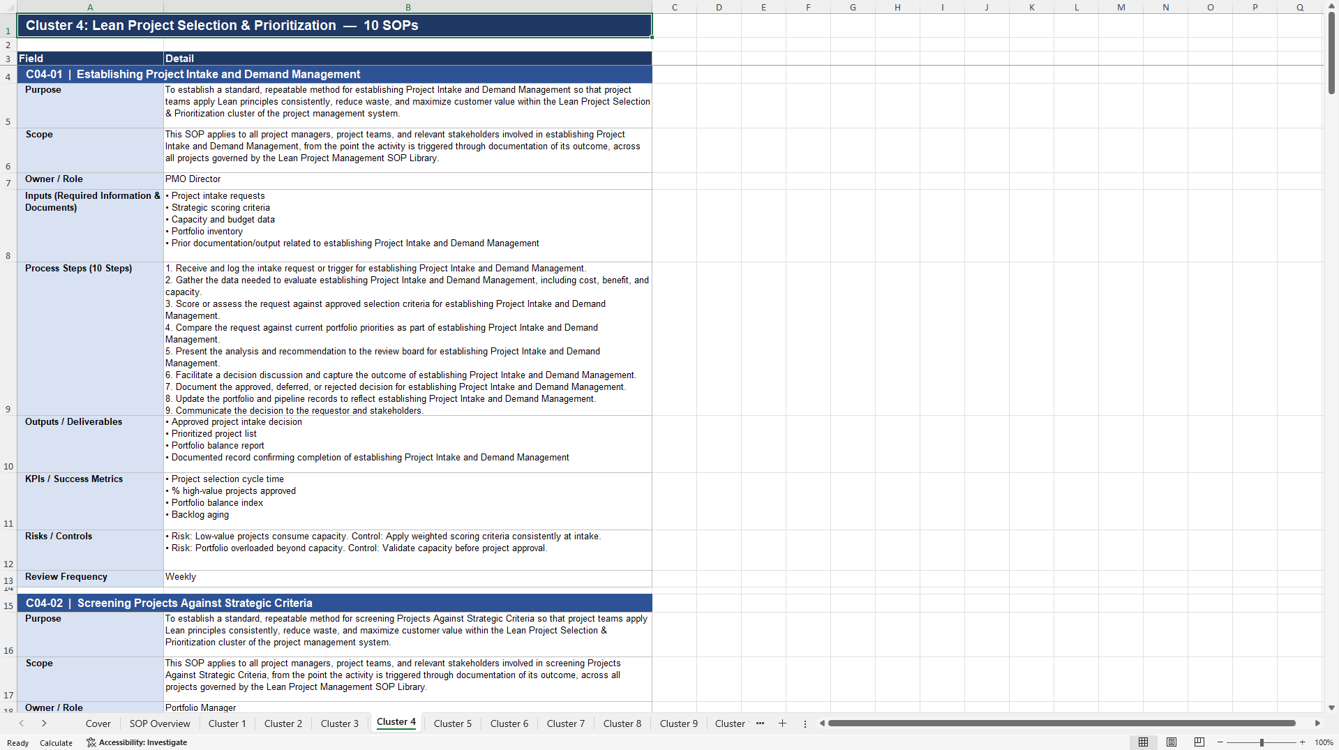 100+ Lean Project Management SOPs (Excel template (XLSX)) Preview Image