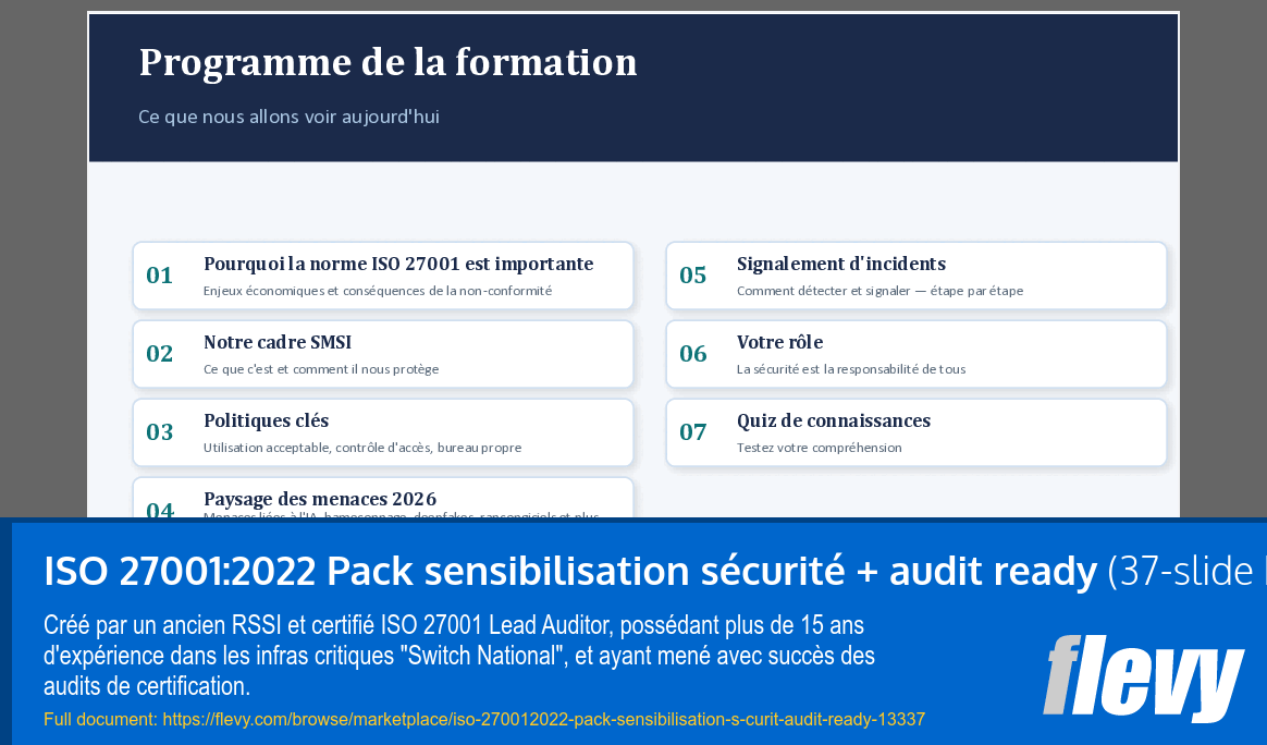 ISO 27001:2022 Pack sensibilisation sécurité + audit ready (37-slide PPT PowerPoint presentation template (PPTX)) Preview Image