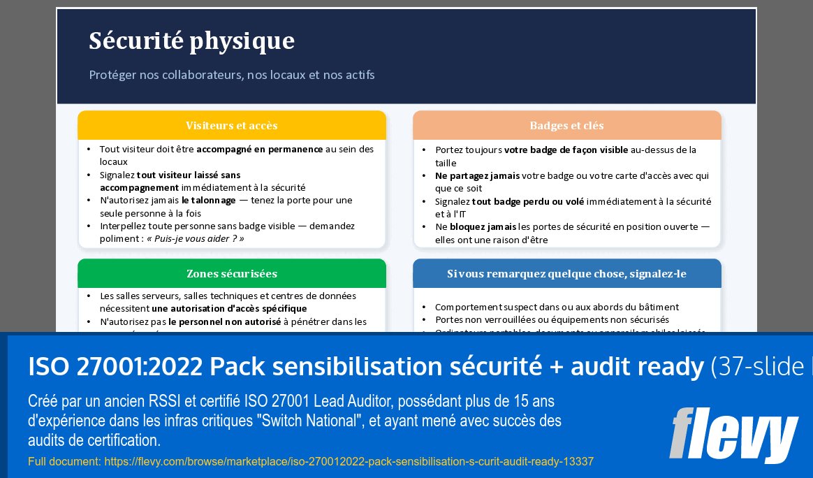 ISO 27001:2022 Pack sensibilisation sécurité + audit ready (37-slide PPT PowerPoint presentation template (PPTX)) Preview Image