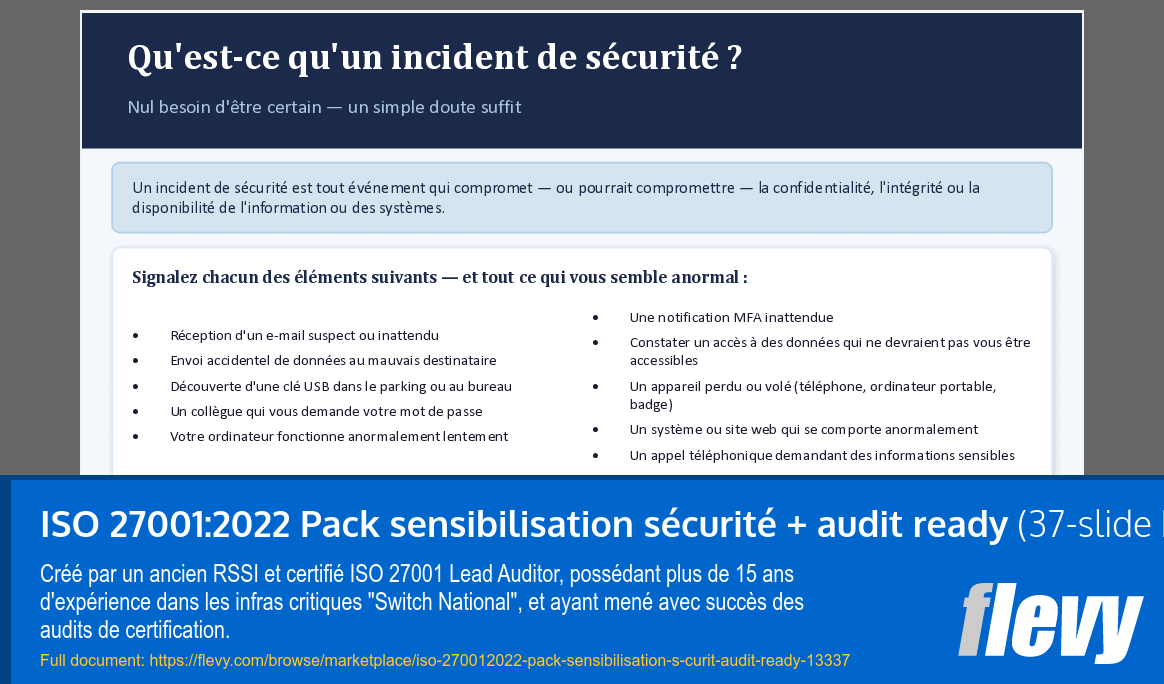 ISO 27001:2022 Pack sensibilisation sécurité + audit ready (37-slide PPT PowerPoint presentation template (PPTX)) Preview Image