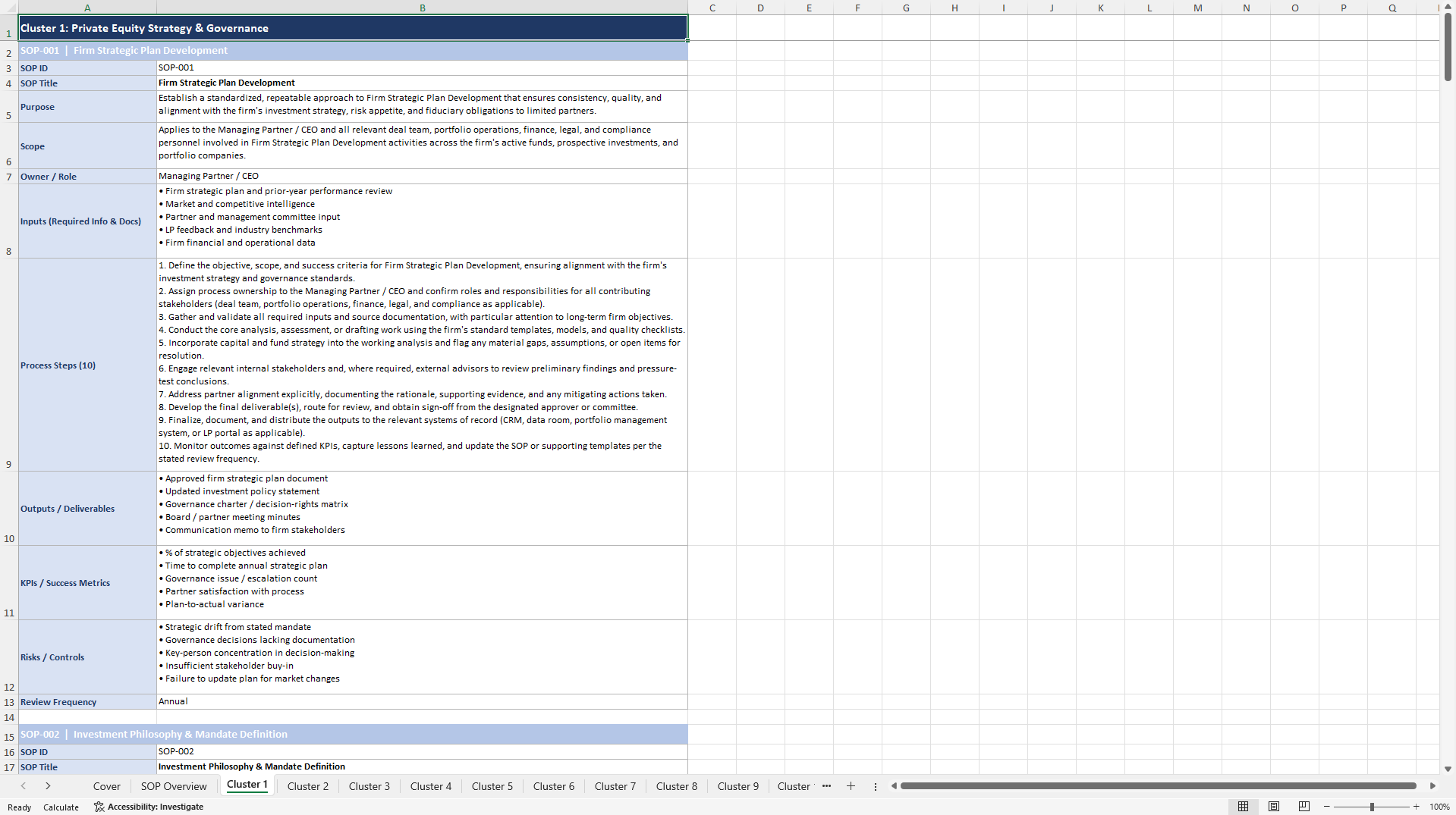100+ Private Equity Strategic Excellence SOPs (Excel template (XLSX)) Preview Image