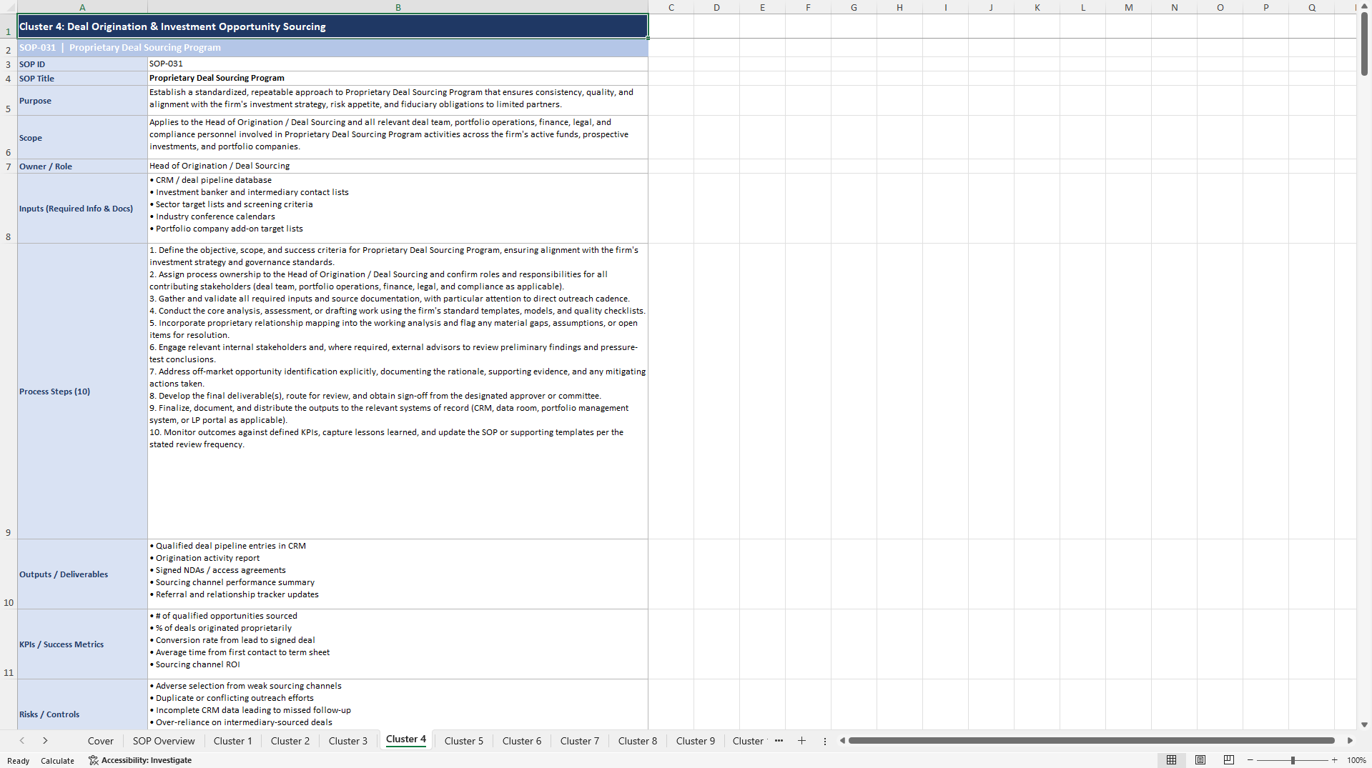 100+ Private Equity Strategic Excellence SOPs (Excel template (XLSX)) Preview Image