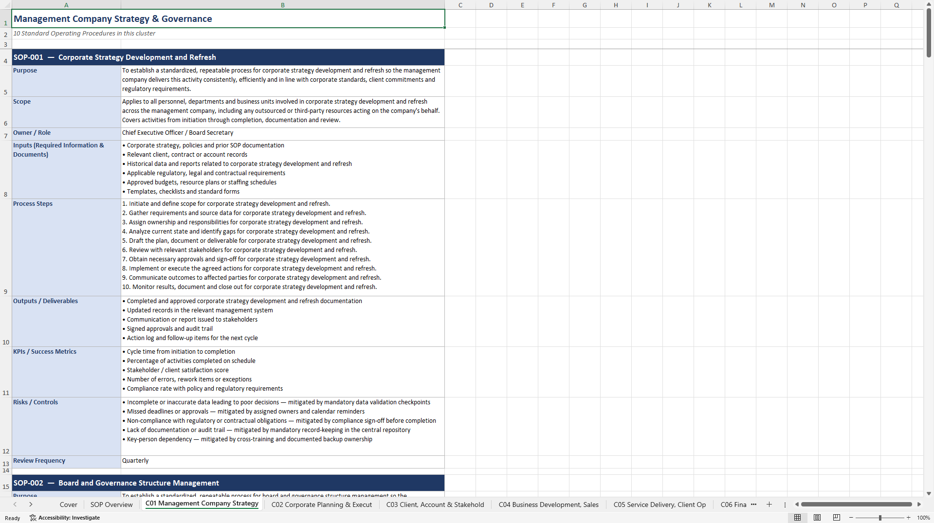100+ Management Company SOPs (Excel template (XLSX)) Preview Image