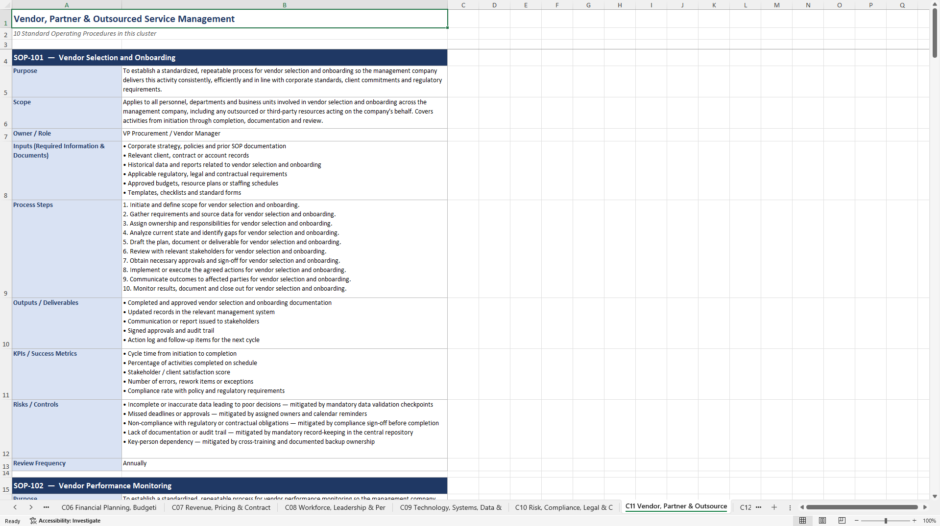 100+ Management Company SOPs (Excel template (XLSX)) Preview Image