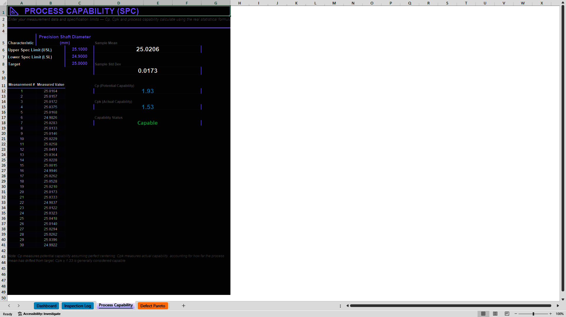 Production Quality & Six Sigma Dashboard (Excel template (XLSX)) Preview Image