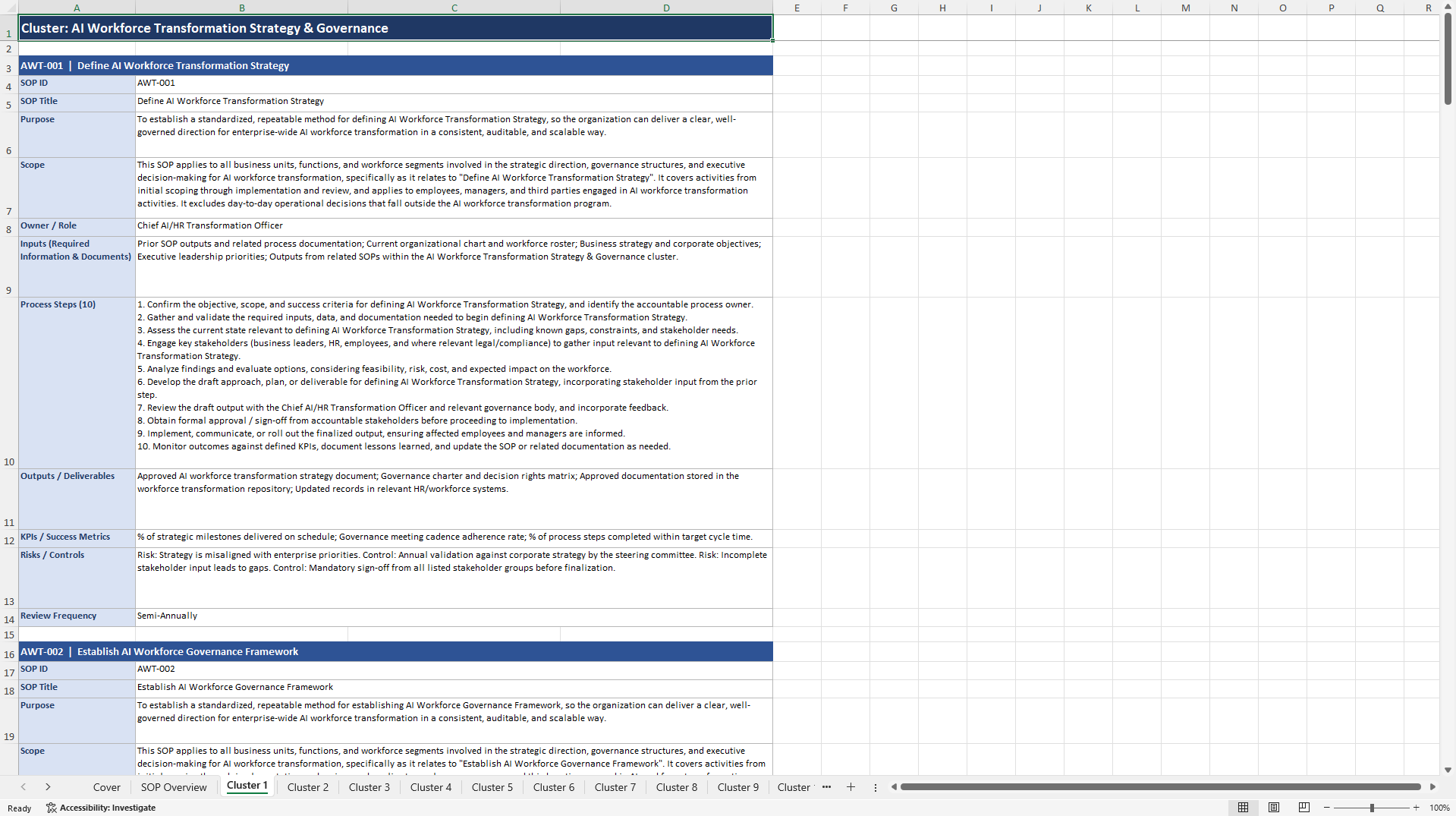 100+ AI Workforce Transformation SOPs (Excel template (XLSX)) Preview Image
