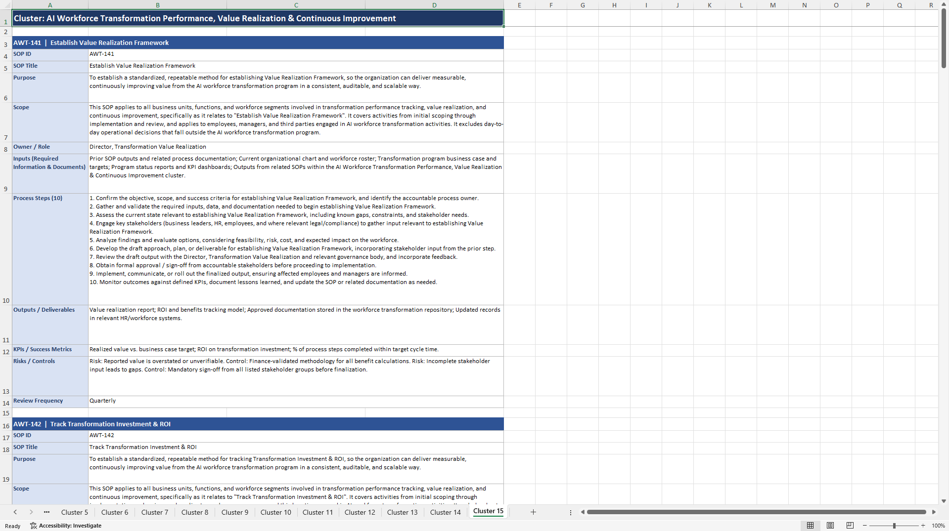 100+ AI Workforce Transformation SOPs (Excel template (XLSX)) Preview Image