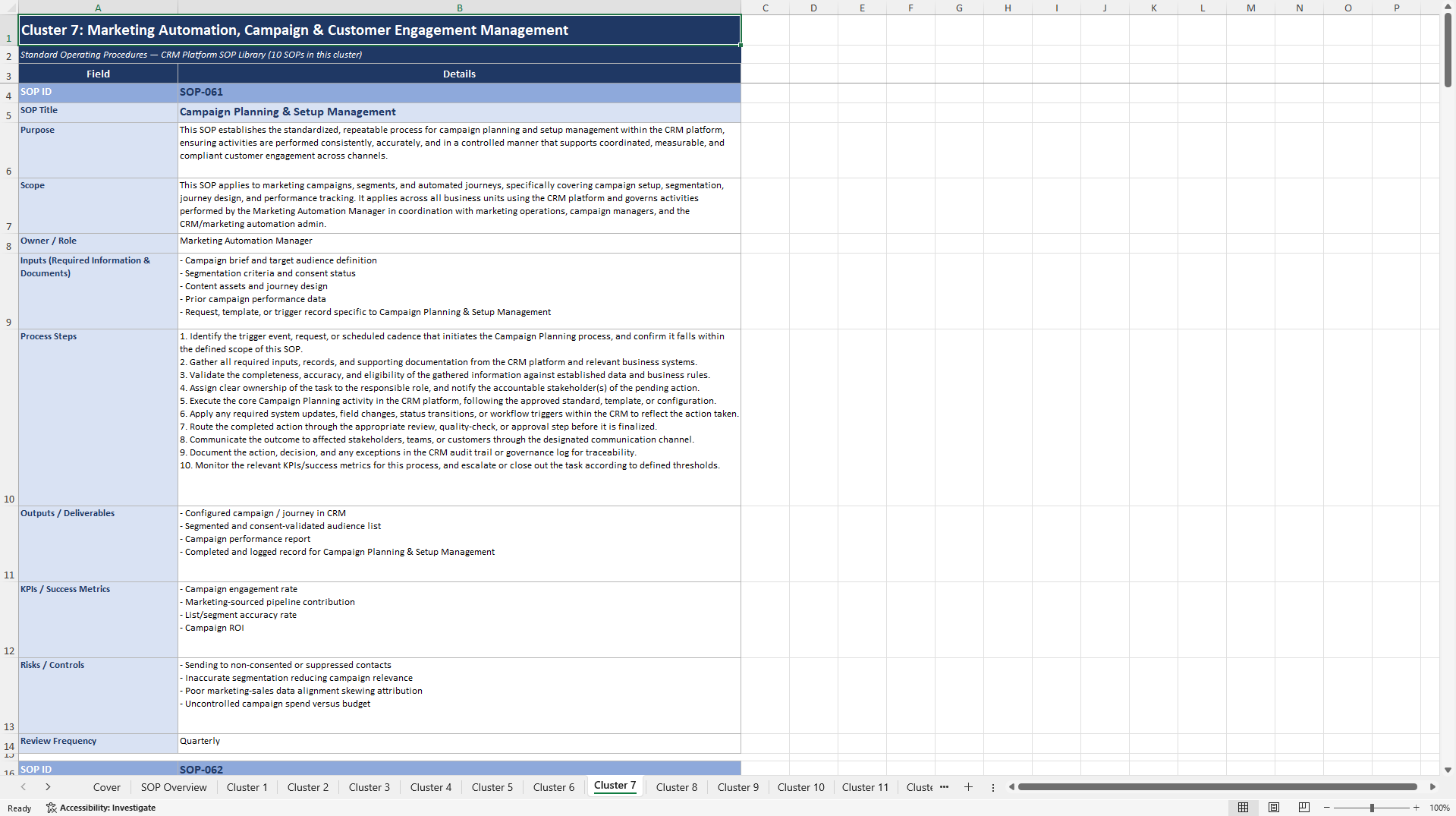 100+ Customer Relationship Management (CRM) Platform SOPs (Excel template (XLSX)) Preview Image