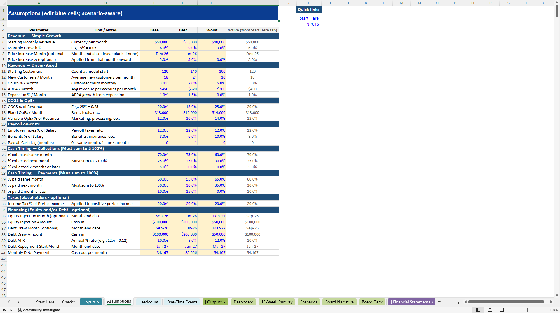 24-Month Founder FP&A Model, 13-Week Runway & Board Pack (Excel template (XLSX)) Preview Image