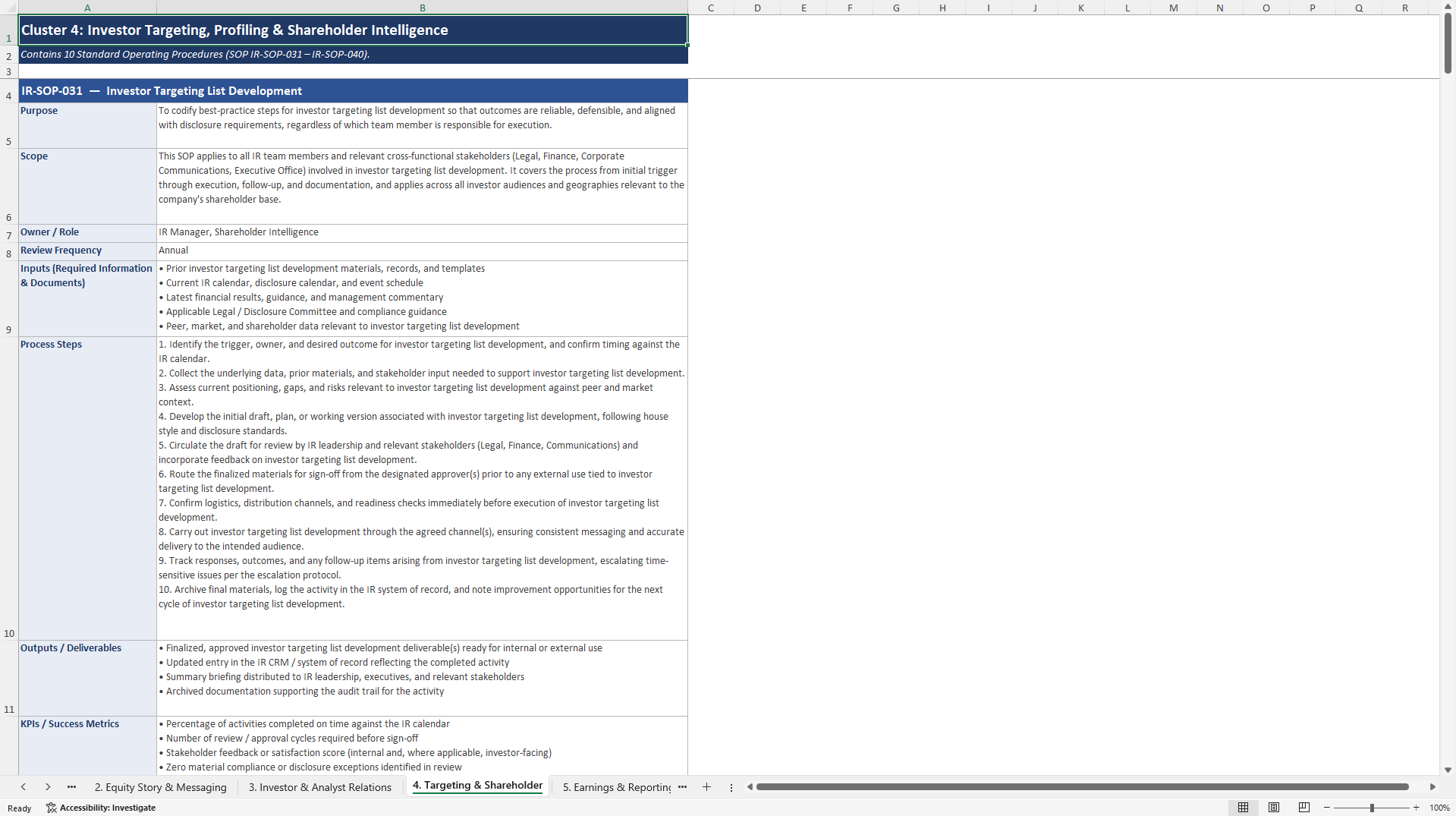 100+ Investor Relations SOPs (Excel template (XLSX)) Preview Image