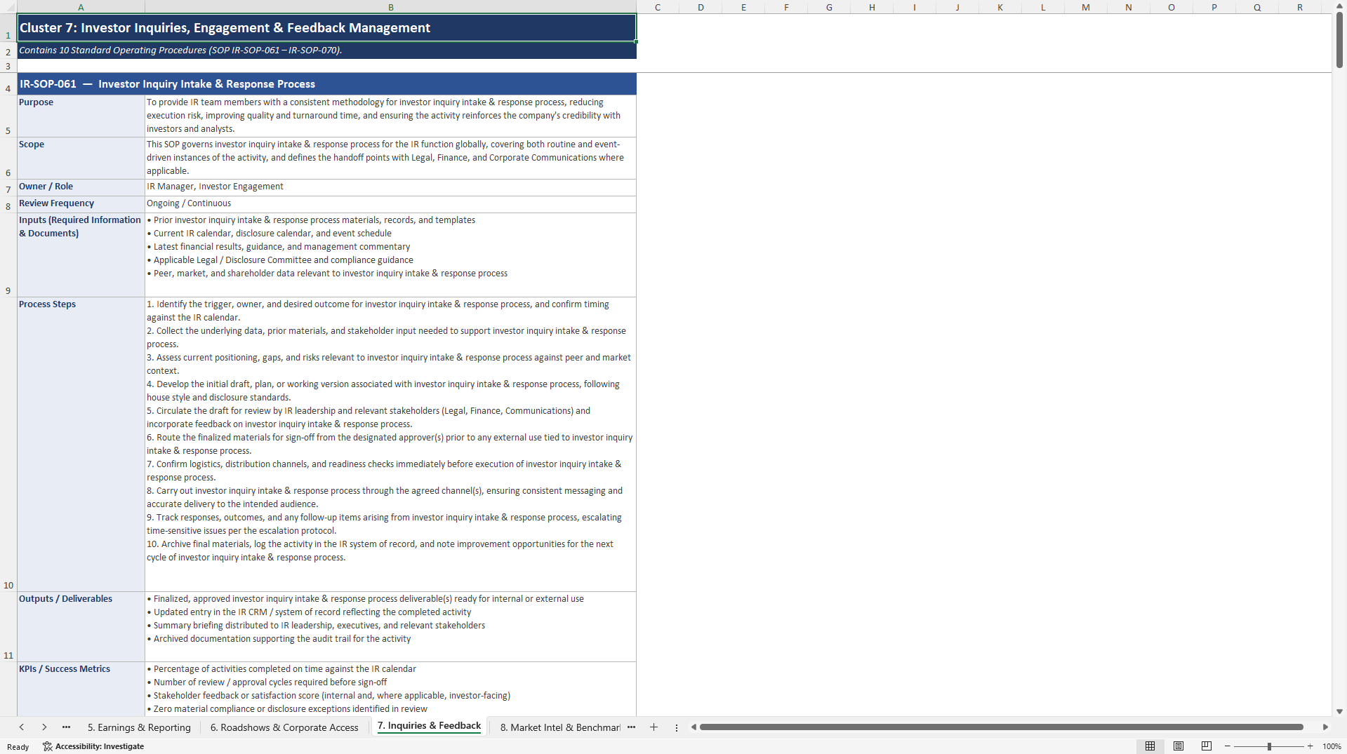 100+ Investor Relations SOPs (Excel template (XLSX)) Preview Image