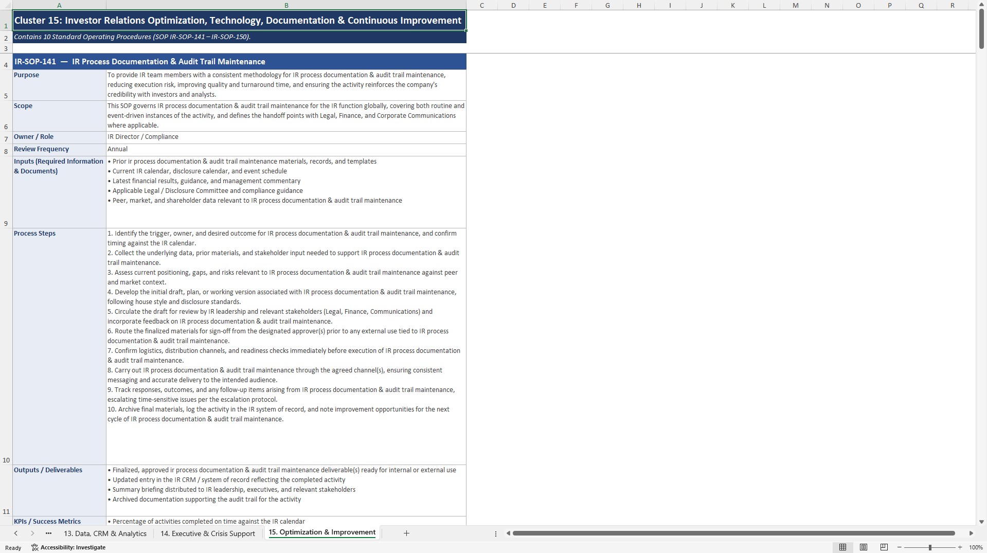 100+ Investor Relations SOPs (Excel template (XLSX)) Preview Image