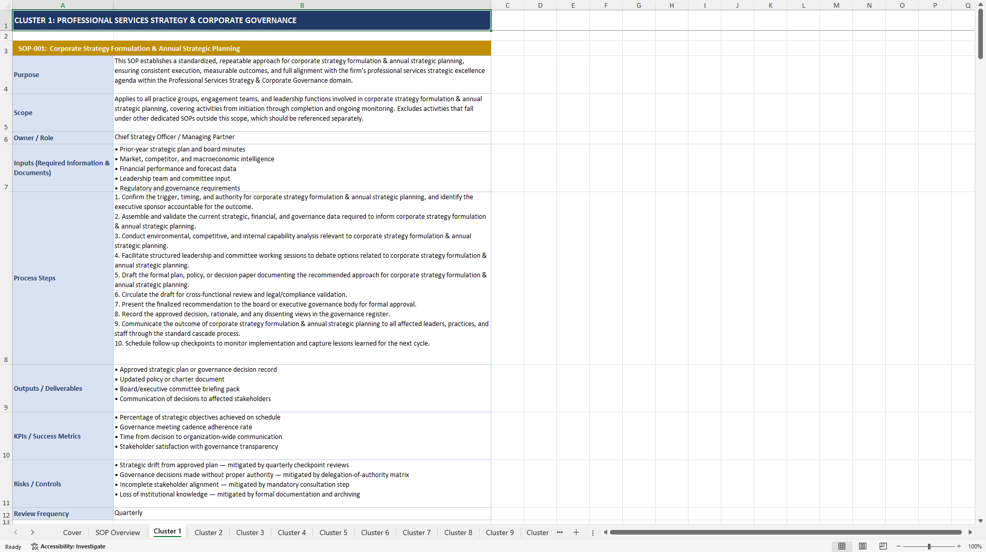 100+ Professional Services Strategic Excellence SOPs (Excel template (XLSX)) Preview Image