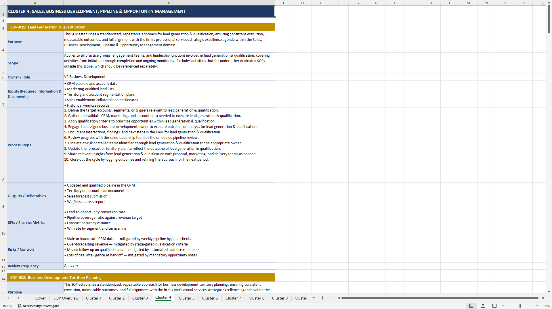 100+ Professional Services Strategic Excellence SOPs (Excel template (XLSX)) Preview Image