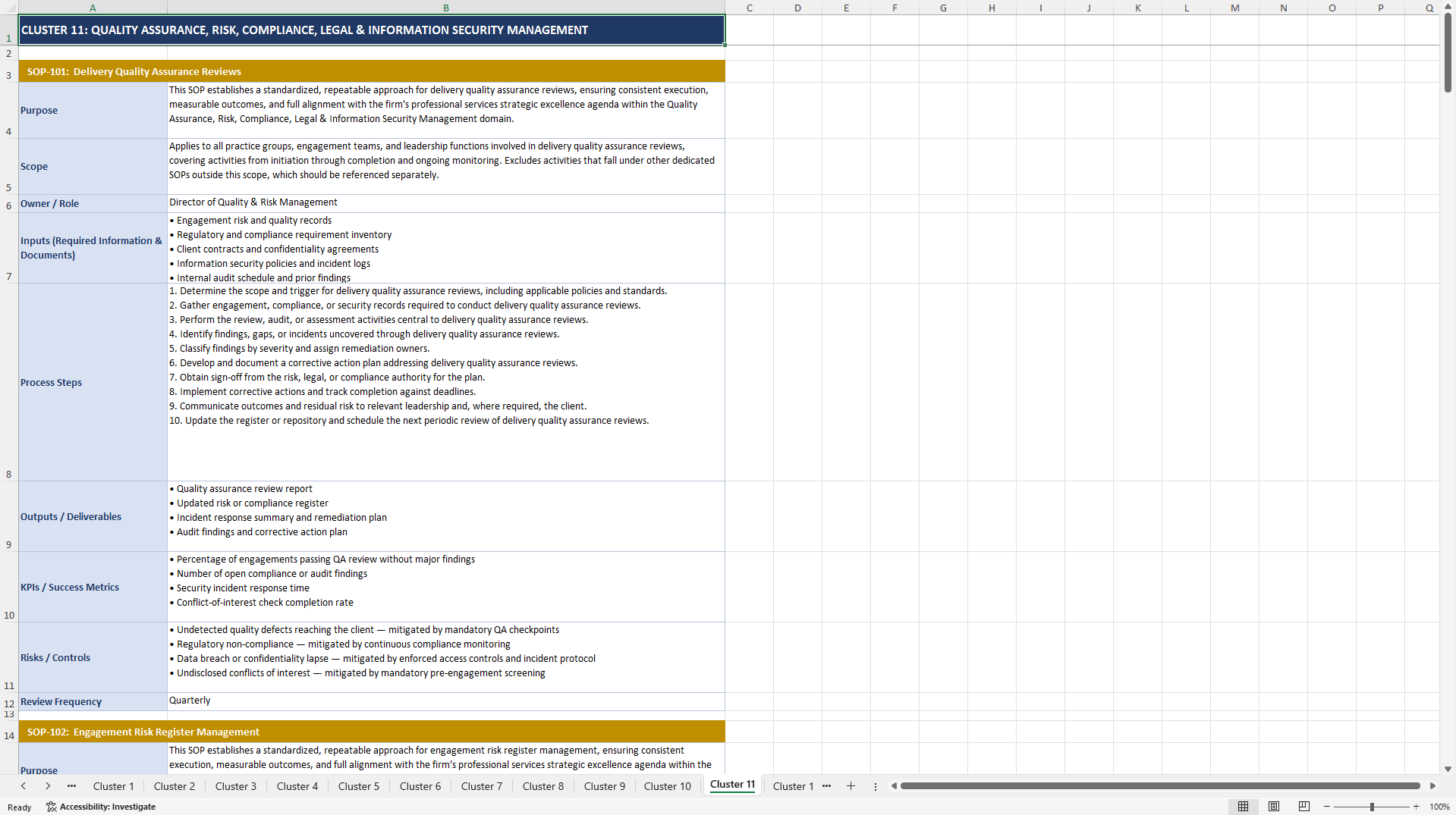 100+ Professional Services Strategic Excellence SOPs (Excel template (XLSX)) Preview Image