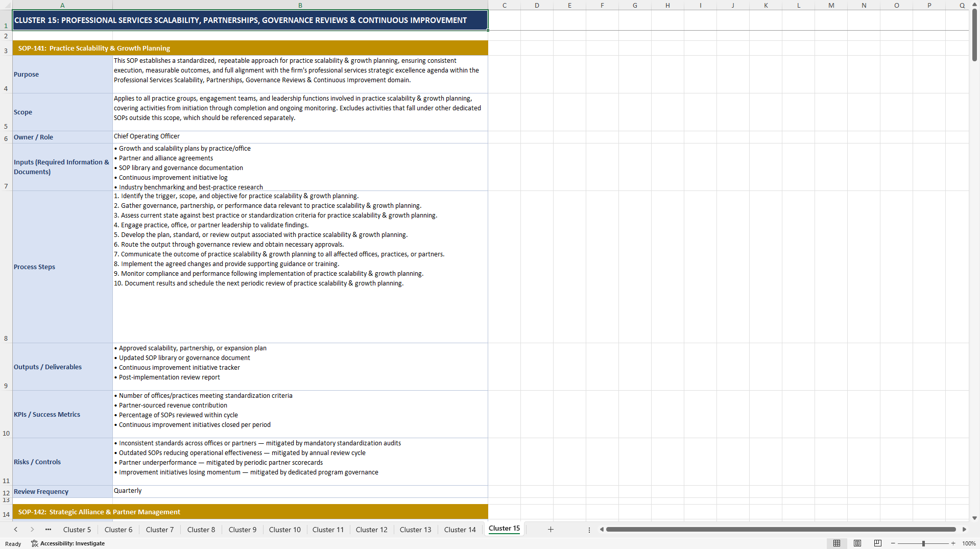 100+ Professional Services Strategic Excellence SOPs (Excel template (XLSX)) Preview Image