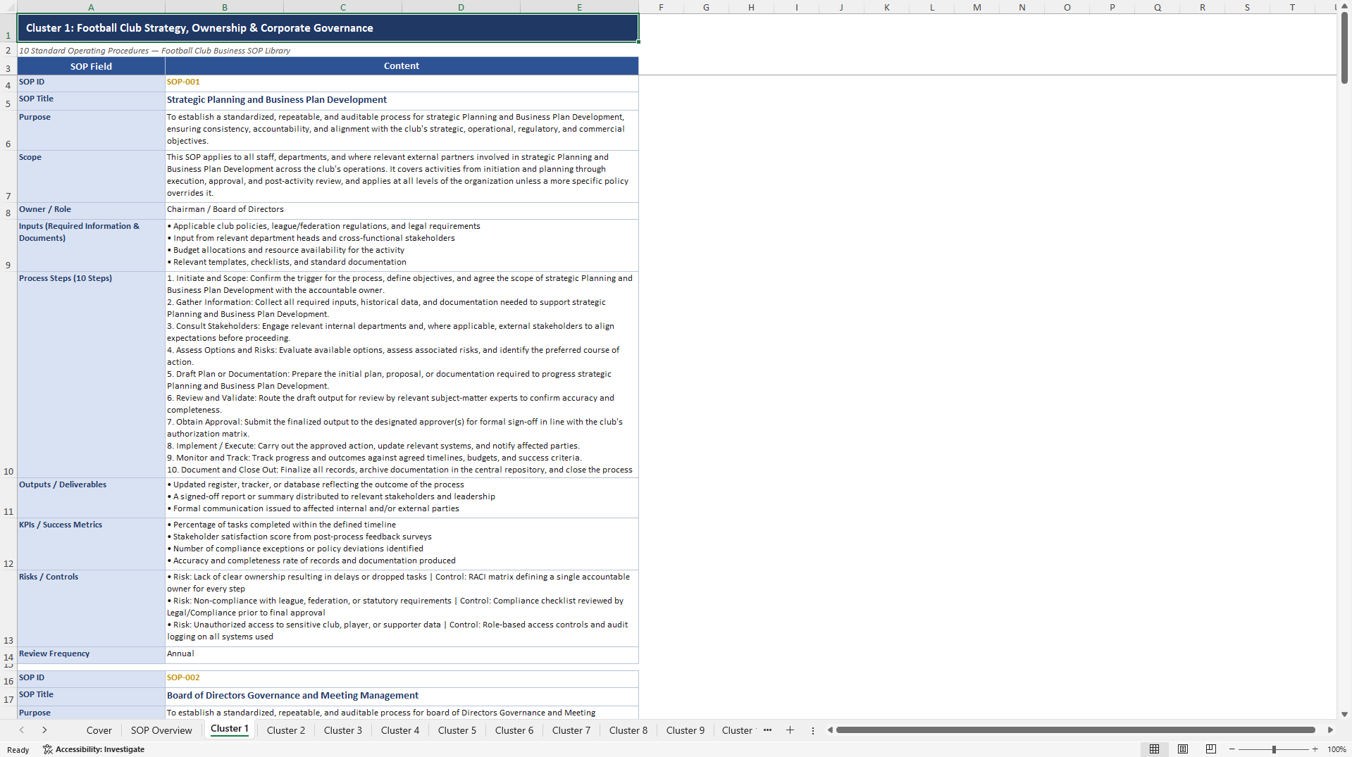 100+ Football Club Business SOPs (Excel template (XLSX)) Preview Image