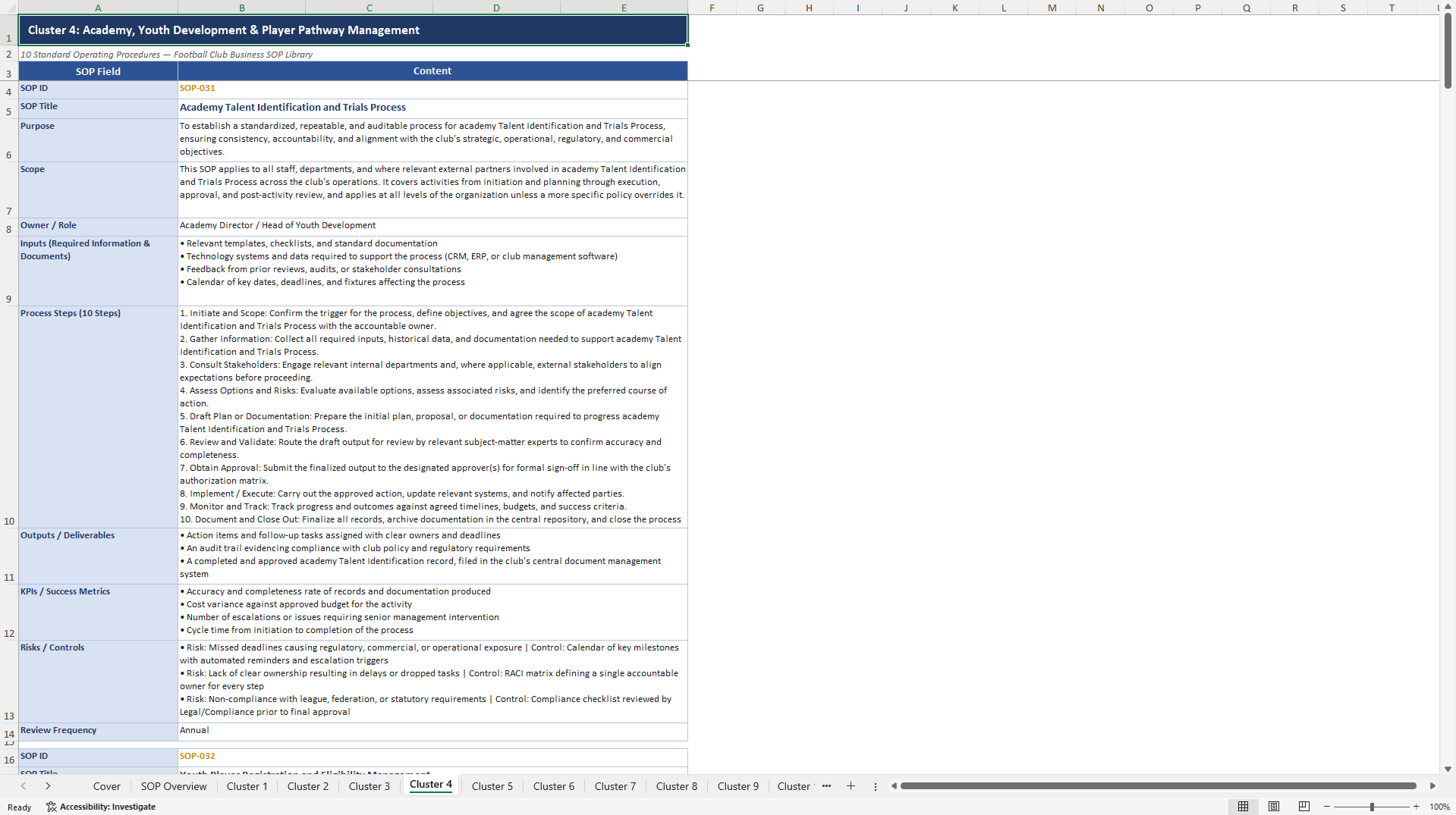 100+ Football Club Business SOPs (Excel template (XLSX)) Preview Image